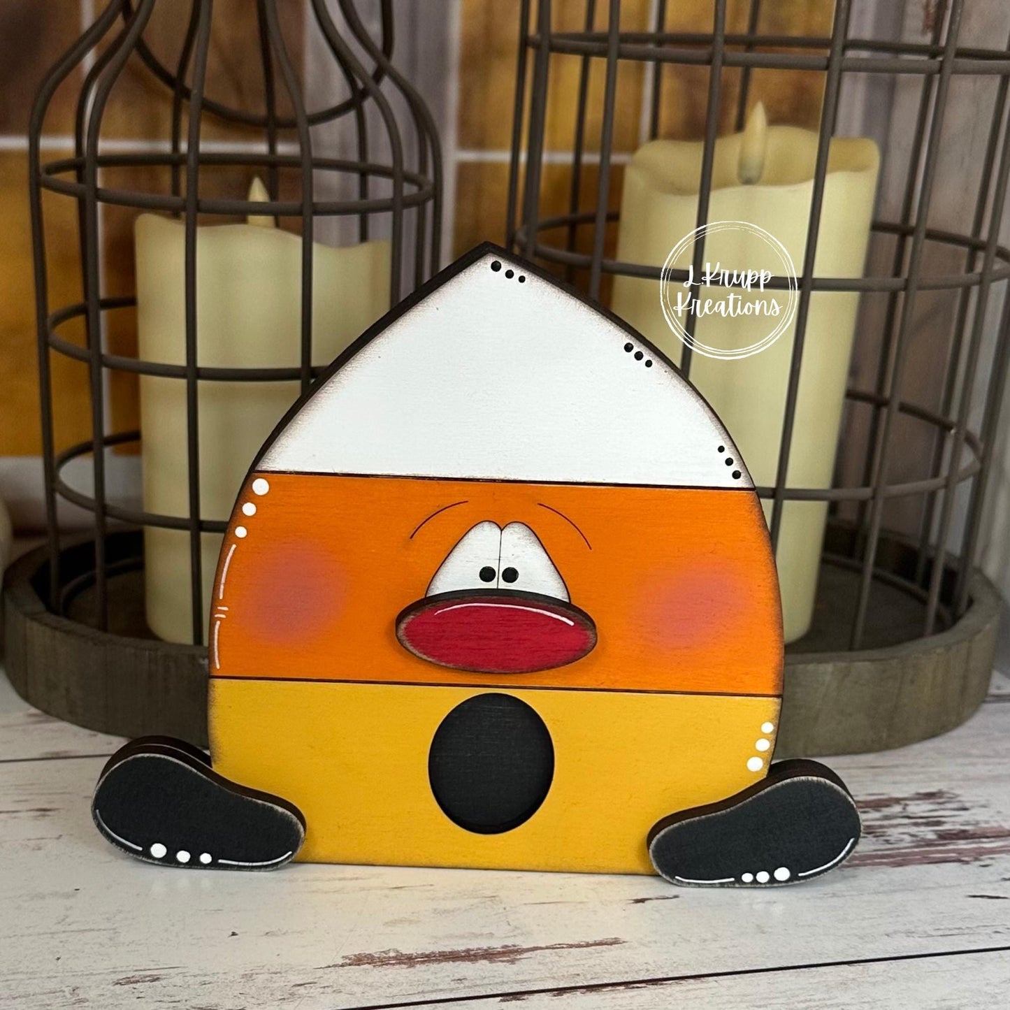 Chunky Wood Candy Corn Trio  Hand Painted Distressed Halloween Shelf Sitters with Fun Faces