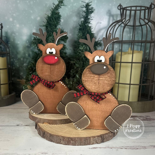 Hand Painted Chunky Wooden Reindeer Shelf Sitter - Farmhouse Christmas Decor