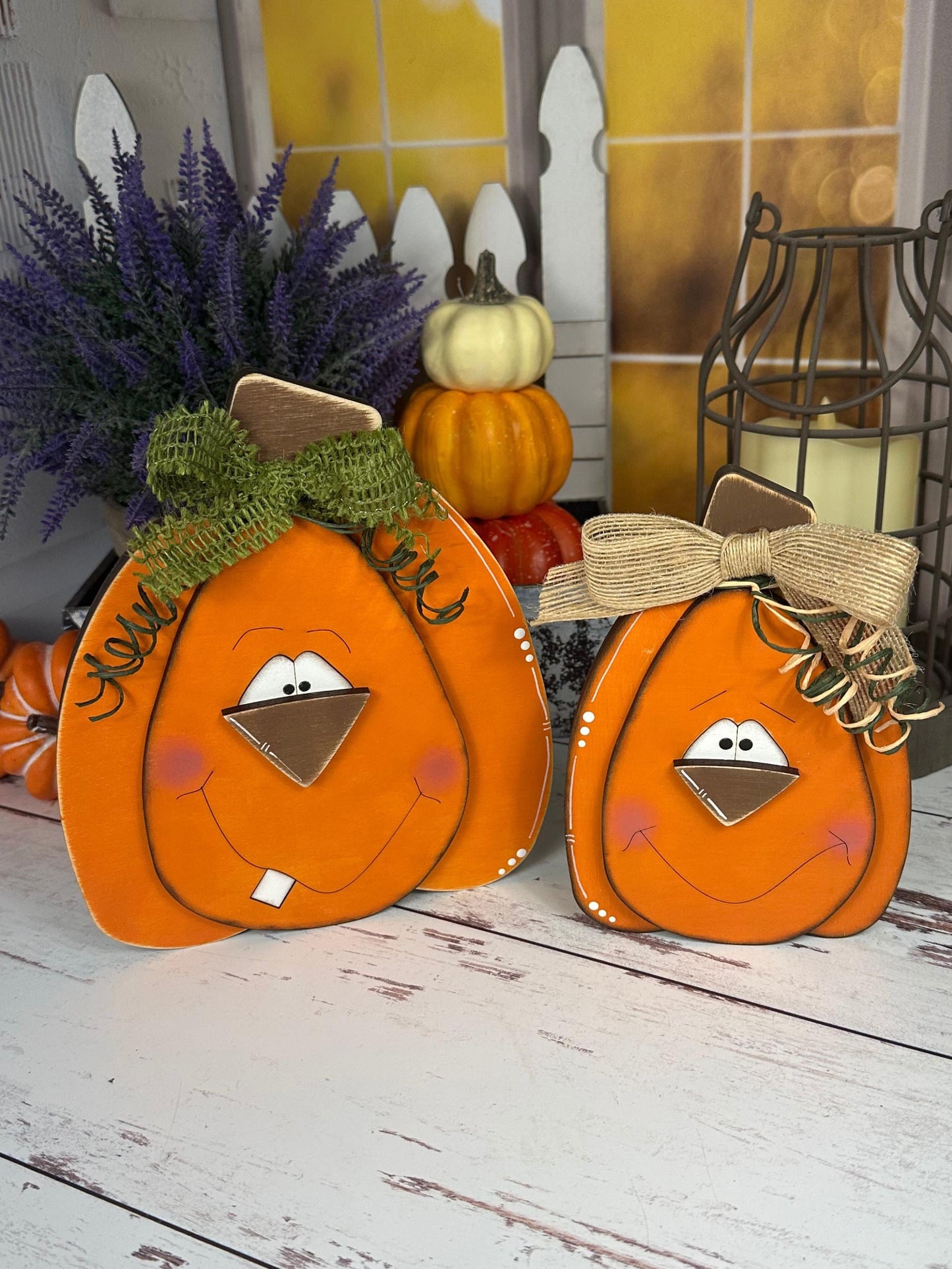 Hand-Painted Wooden Pumpkins with Faces – Rustic Fall Shelf Decor