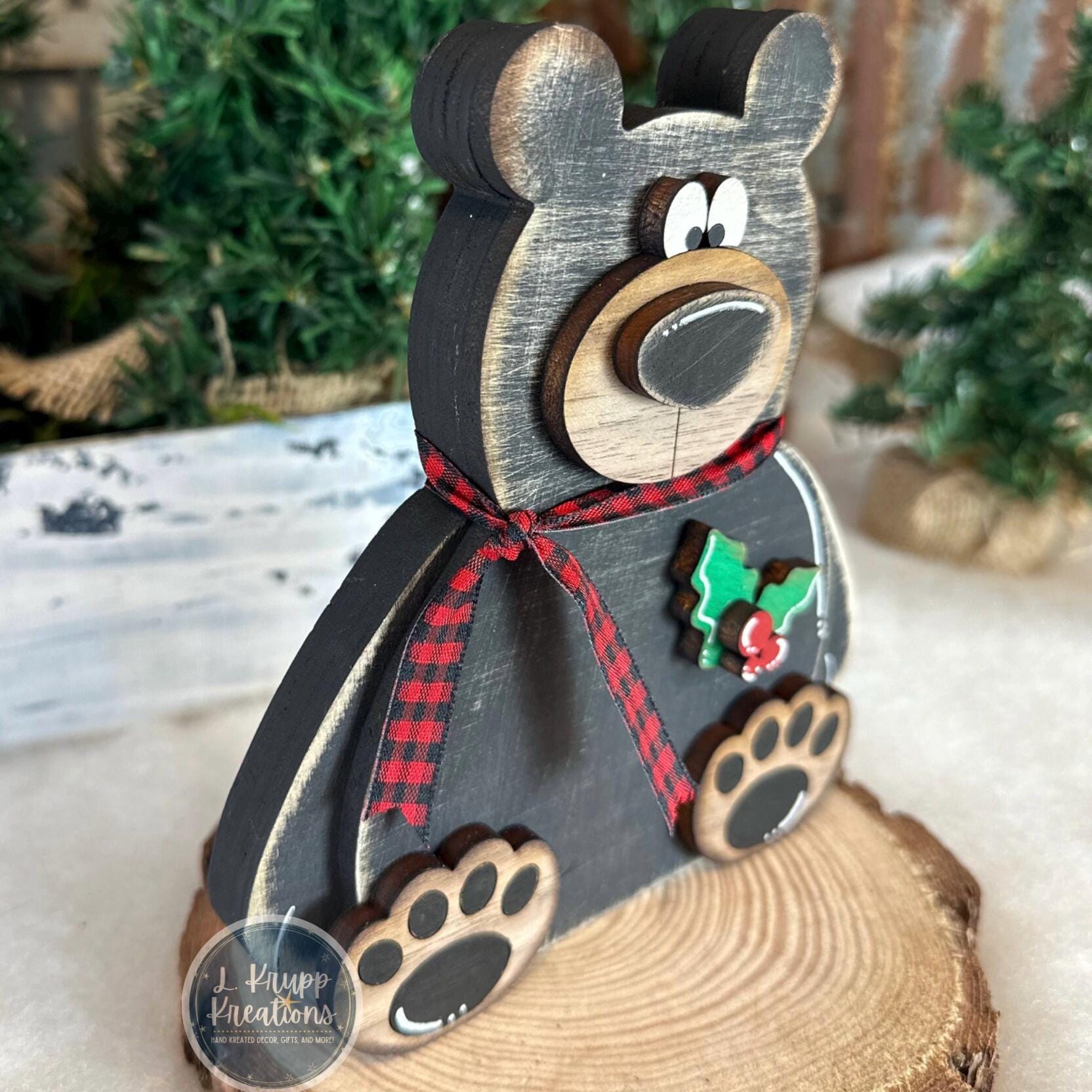 Wooden Christmas Bear Shelf Sitter – Rustic Cabin Holiday Decor
