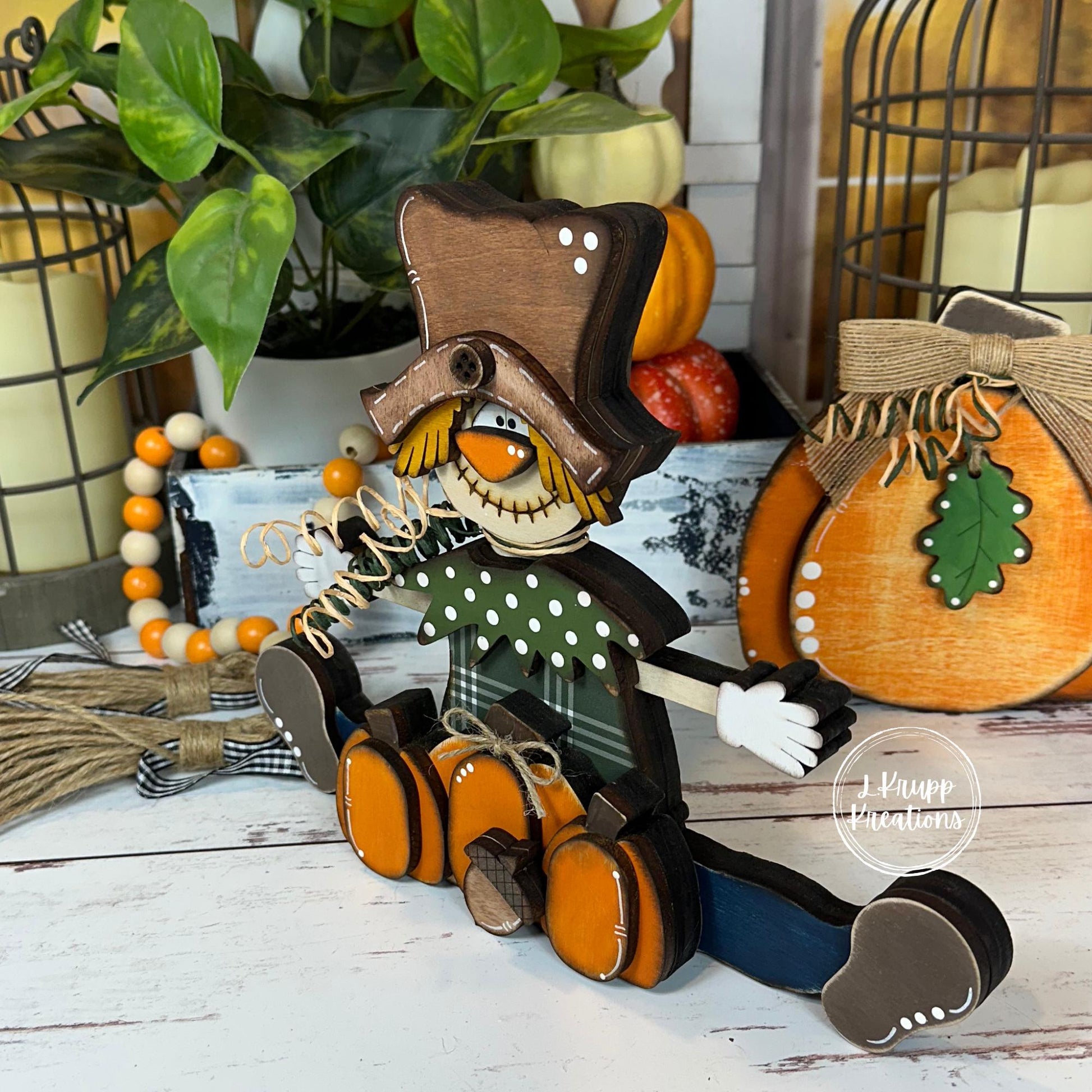 Sitting Scarecrow with Pumpkins and an Acorn – Rustic Wooden Fall Decor
