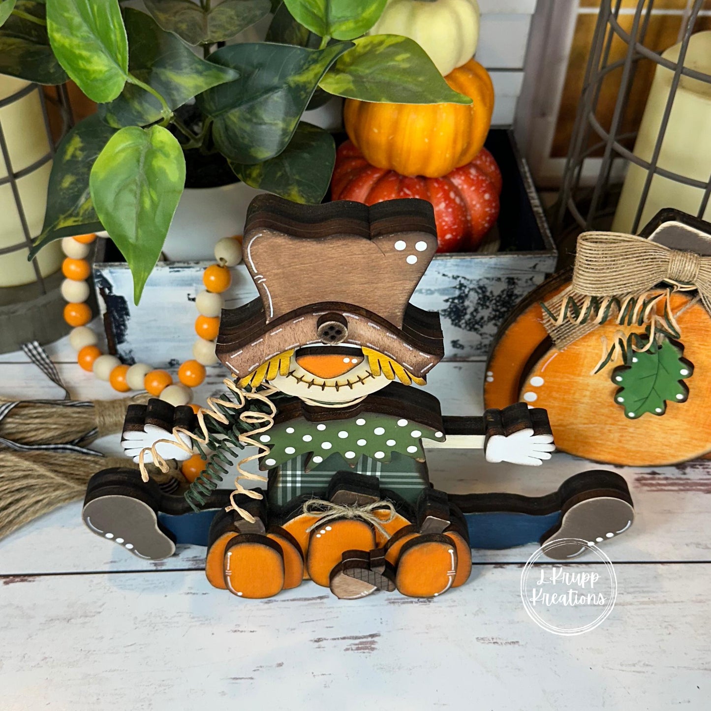 Sitting Scarecrow with Pumpkins and an Acorn – Rustic Wooden Fall Decor