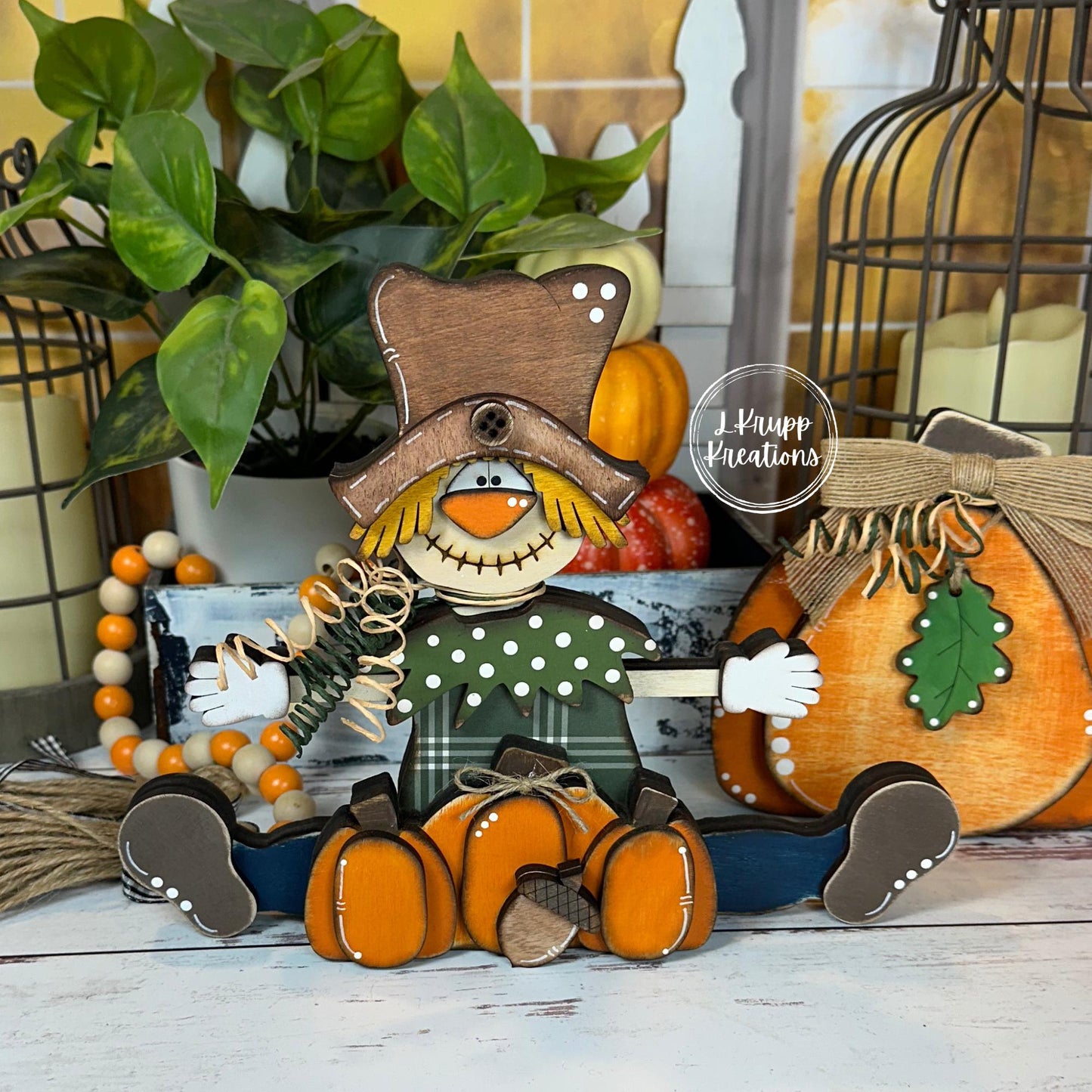 Sitting Scarecrow with Pumpkins and an Acorn – Rustic Wooden Fall Decor