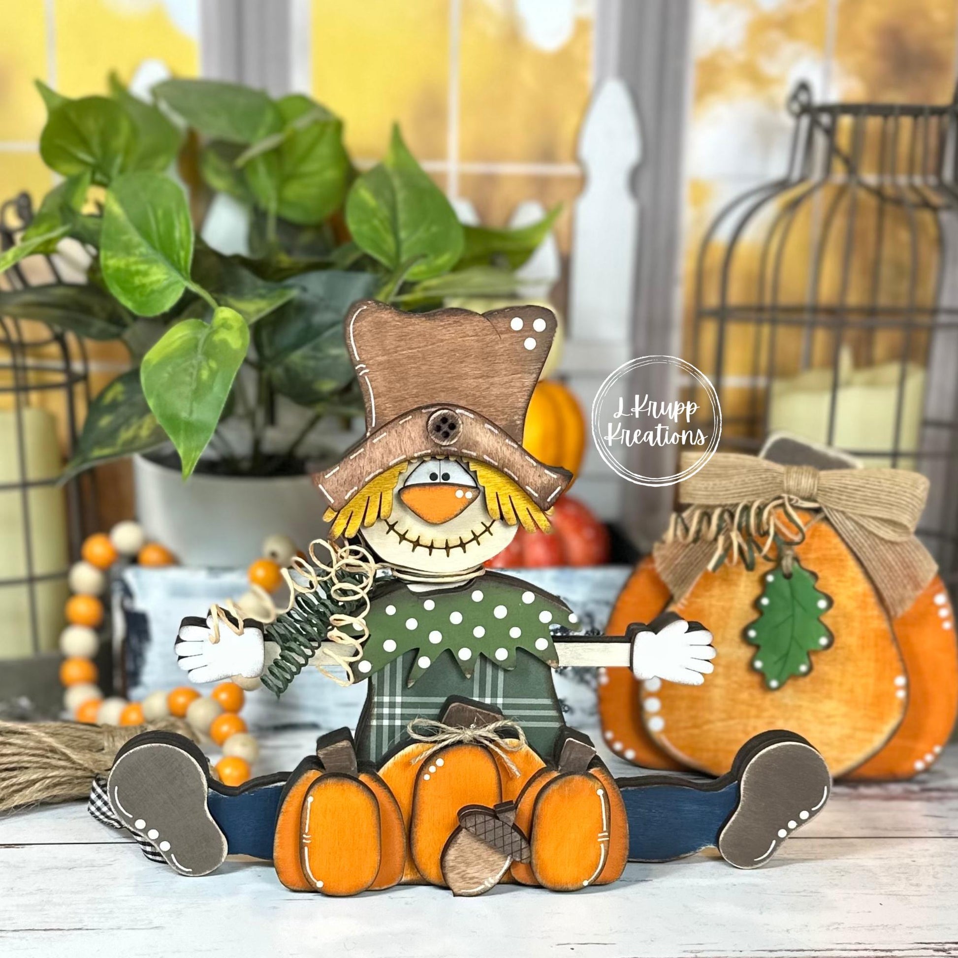 Sitting Scarecrow with Pumpkins and an Acorn – Rustic Wooden Fall Decor