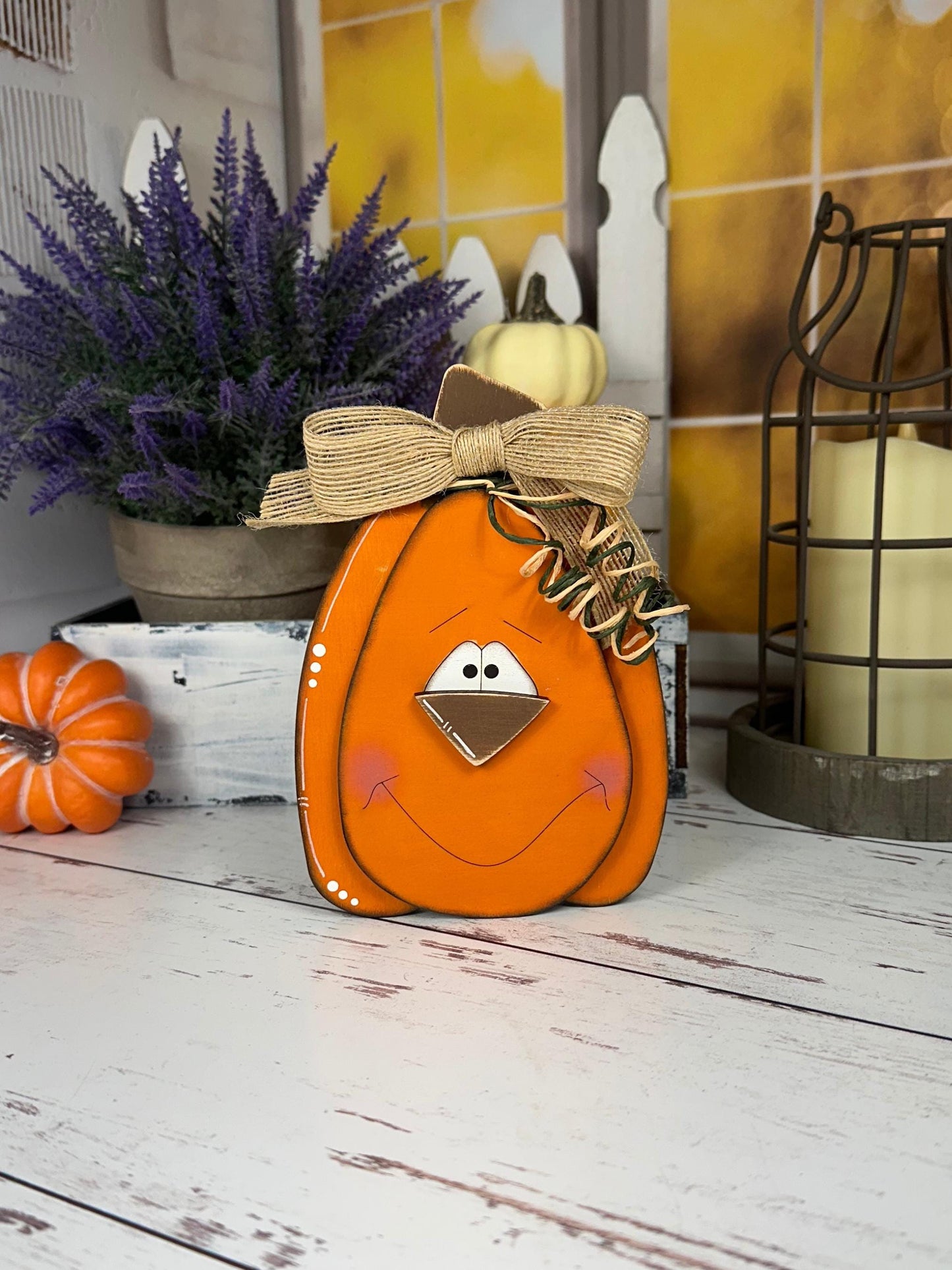 Hand-Painted Wooden Pumpkins with Faces – Rustic Fall Shelf Decor