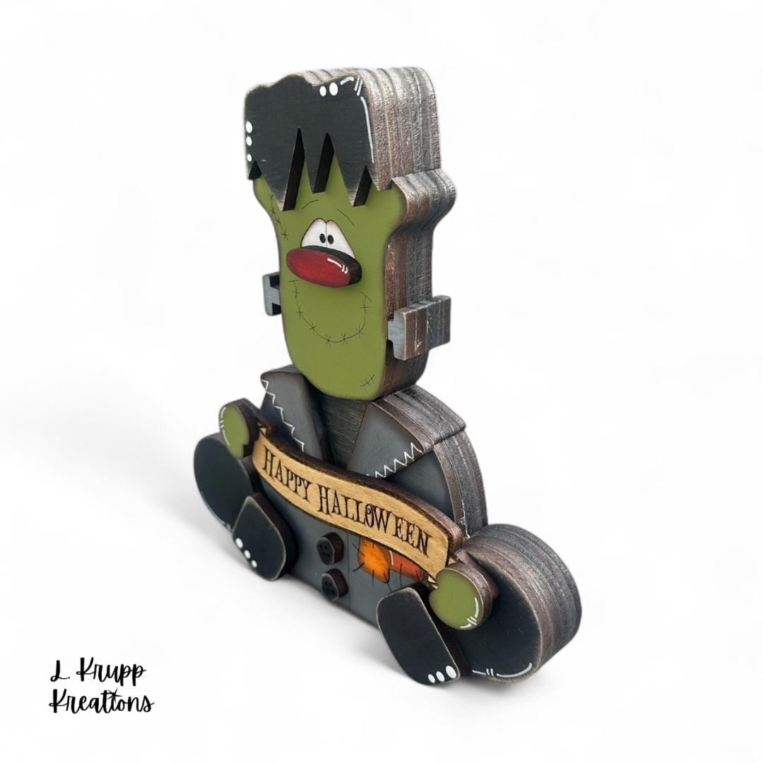 Frankenstein Wooden Shelf Sitter  Rustic Farmhouse Halloween Decor, Chunky Wood Accent