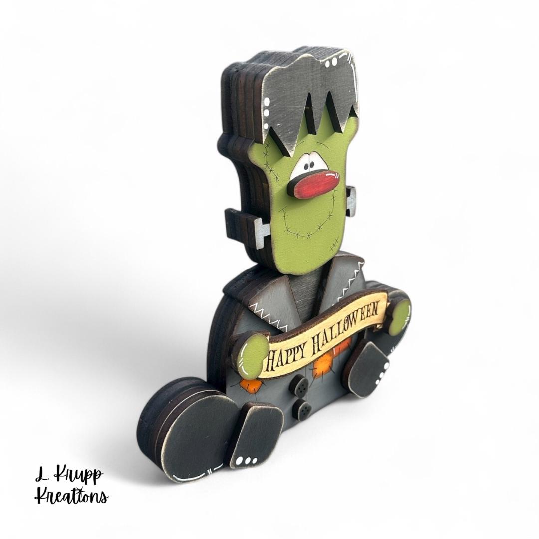 Frankenstein Wooden Shelf Sitter  Rustic Farmhouse Halloween Decor, Chunky Wood Accent