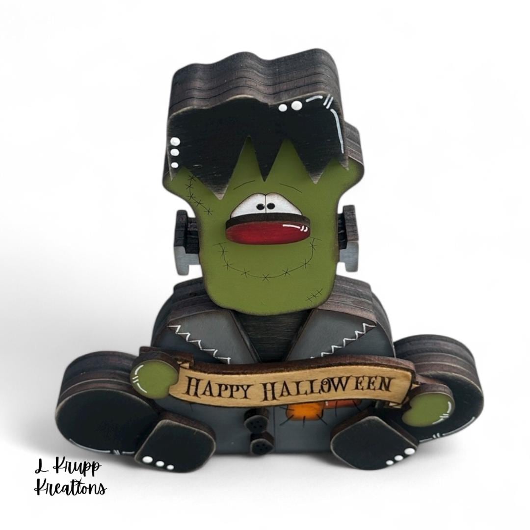 Frankenstein Wooden Shelf Sitter  Rustic Farmhouse Halloween Decor, Chunky Wood Accent