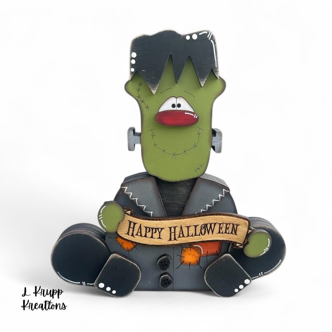 Frankenstein Wooden Shelf Sitter  Rustic Farmhouse Halloween Decor, Chunky Wood Accent