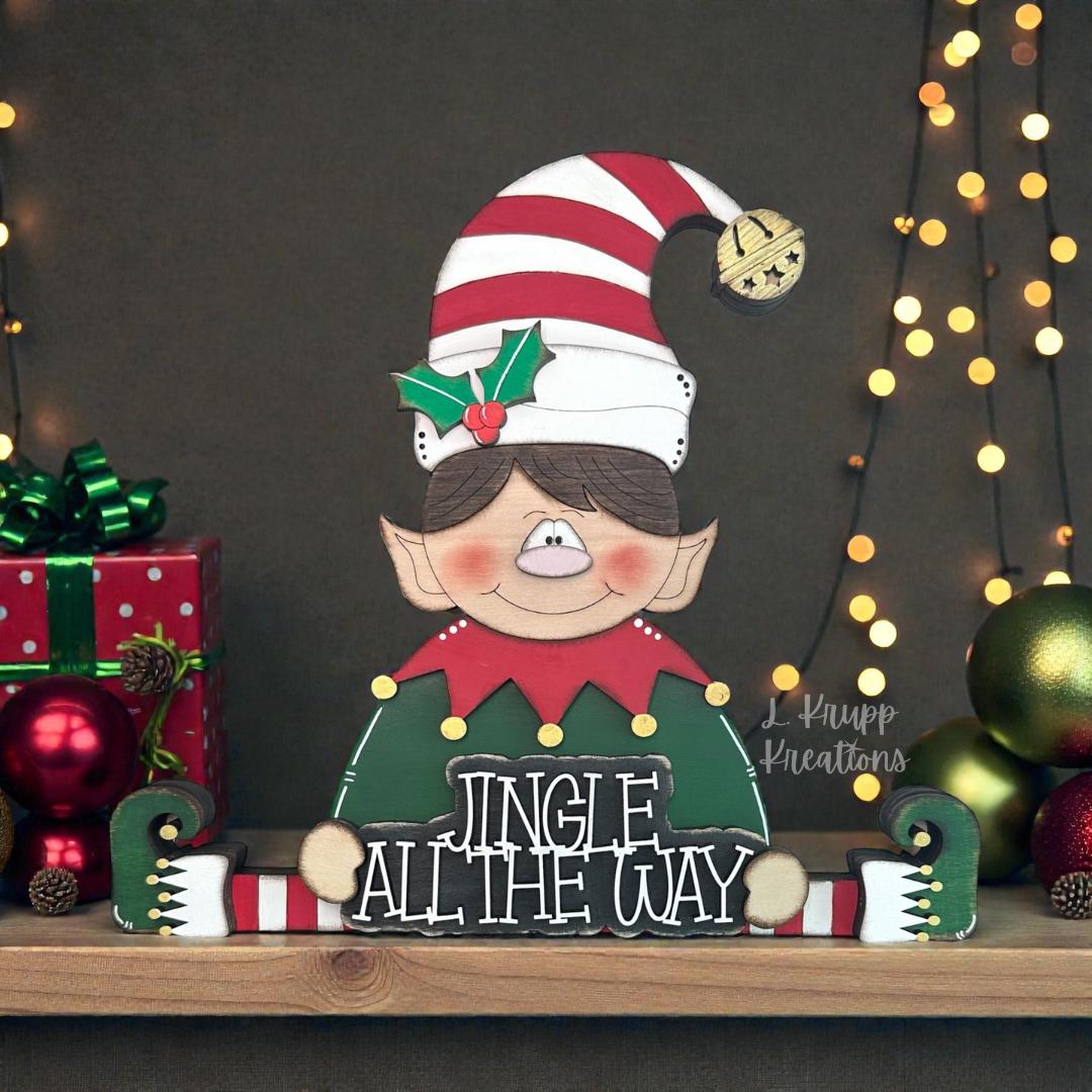 Hand Painted Wooden Elf Shelf Sitter for Christmas with Jingle All the Way Sign