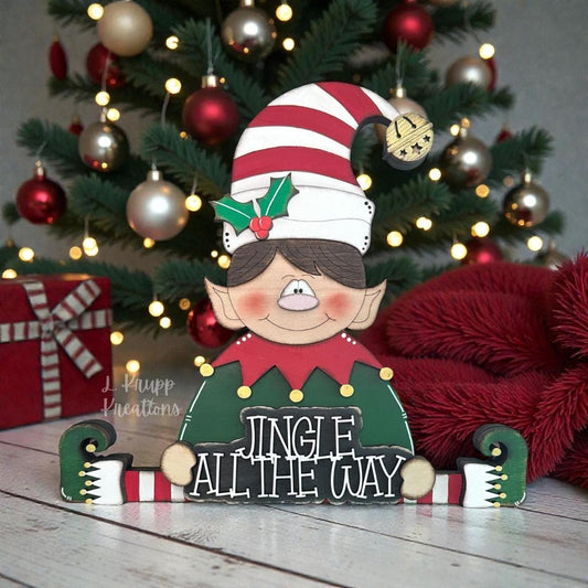 Hand Painted Wooden Elf Shelf Sitter for Christmas with Jingle All the Way Sign