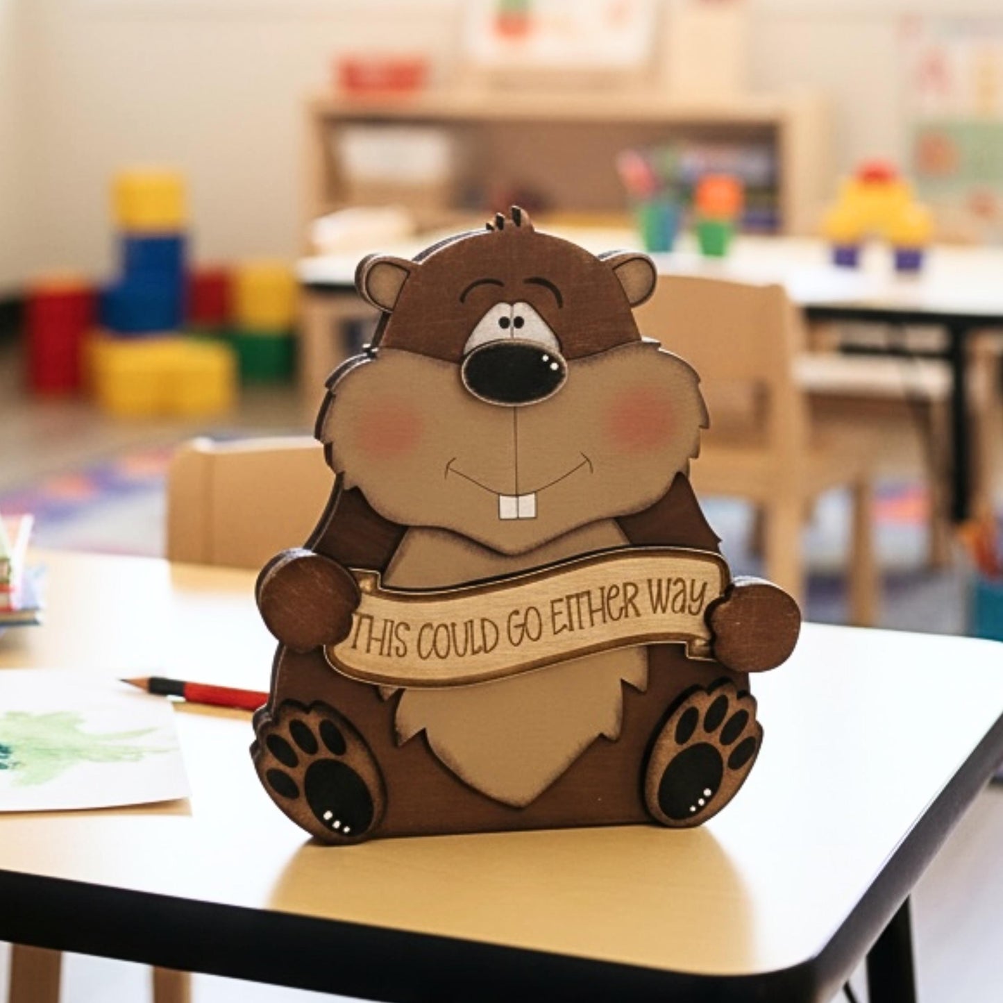 Hand Painted Wooden Groundhog Figurine makes a charming shelf sitter for Groundhog Day decor