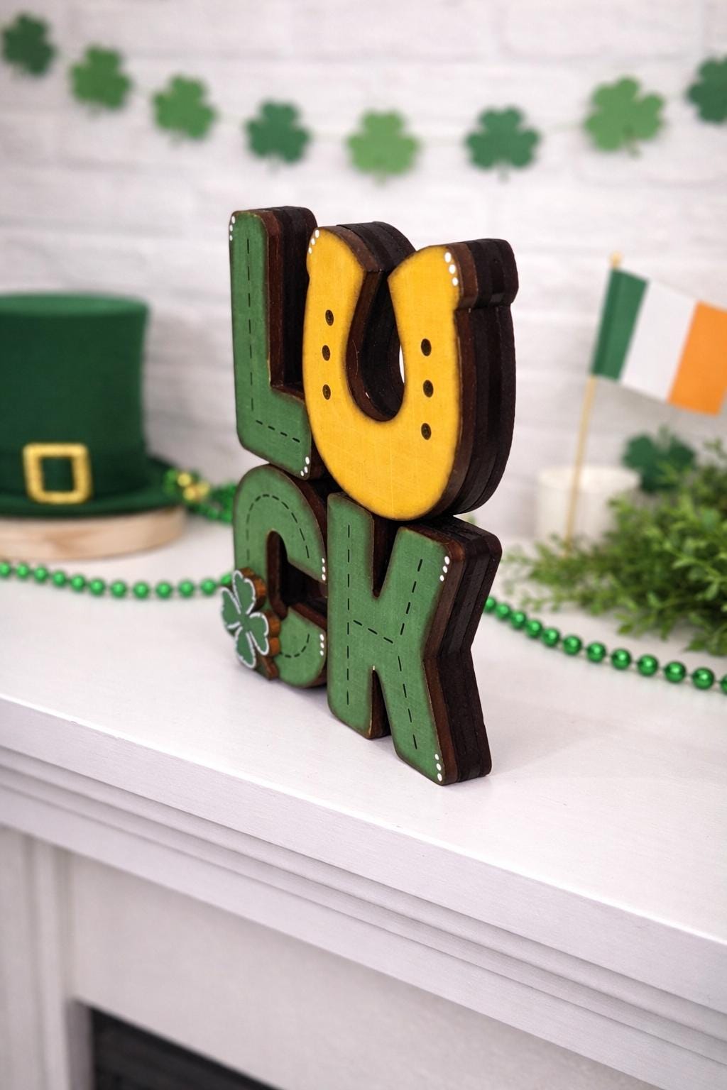 Lucky LUCK Wooden Shelf Sitter for St. Patricks Day Decor