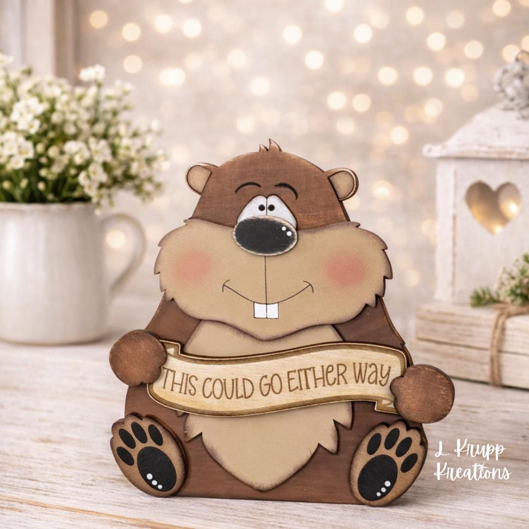 Hand Painted Wooden Groundhog Figurine makes a charming shelf sitter for Groundhog Day decor