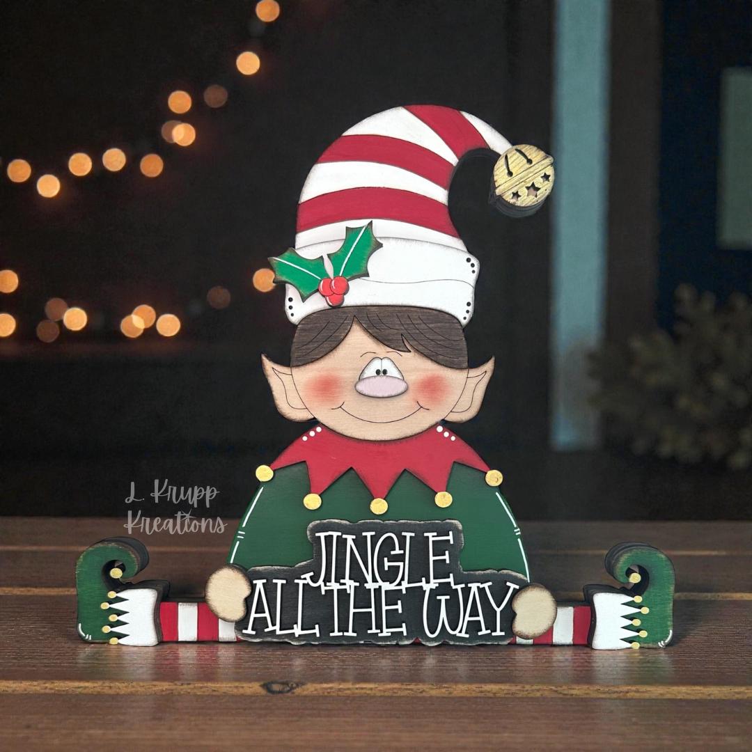 Hand Painted Wooden Elf Shelf Sitter for Christmas with Jingle All the Way Sign