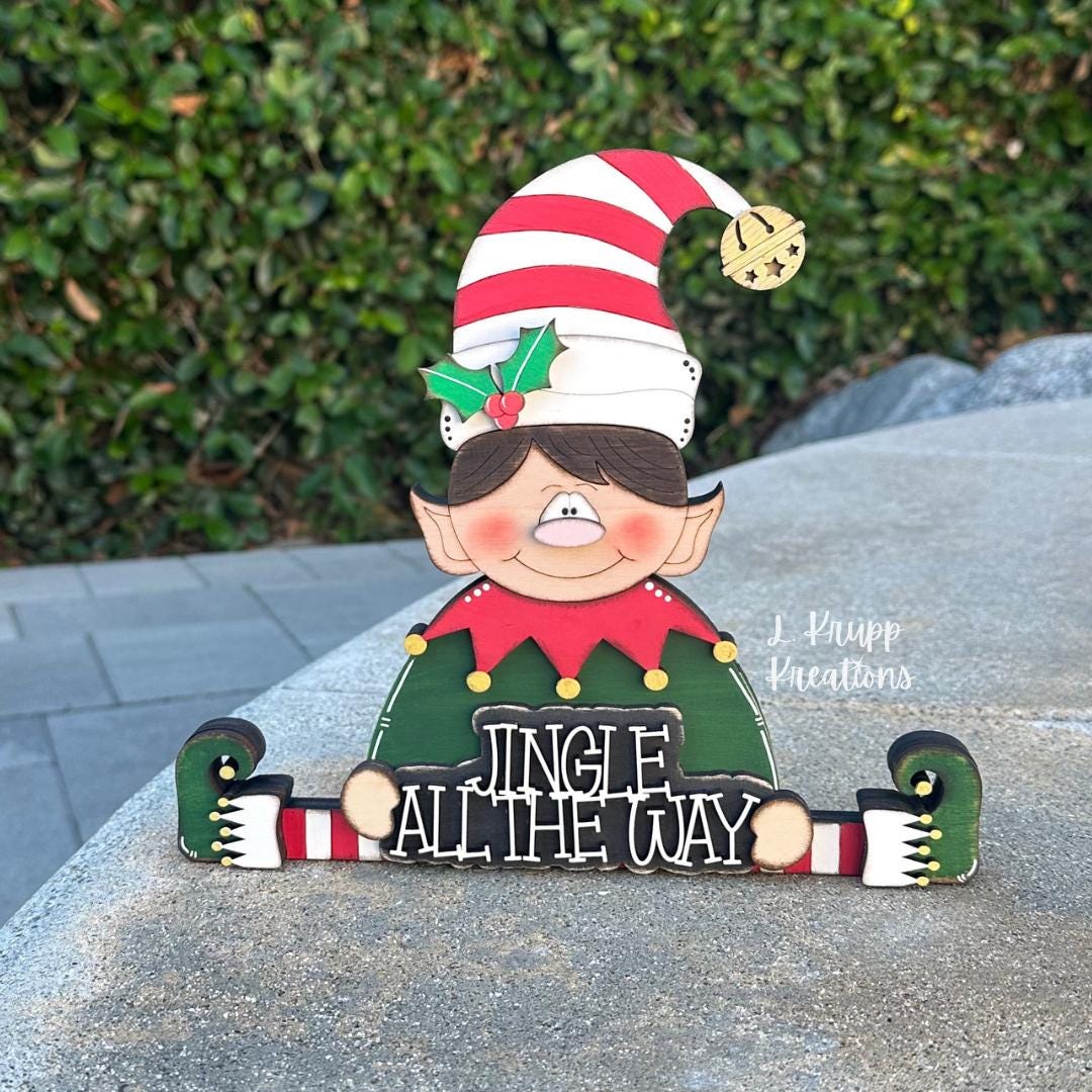 Hand Painted Wooden Elf Shelf Sitter for Christmas with Jingle All the Way Sign