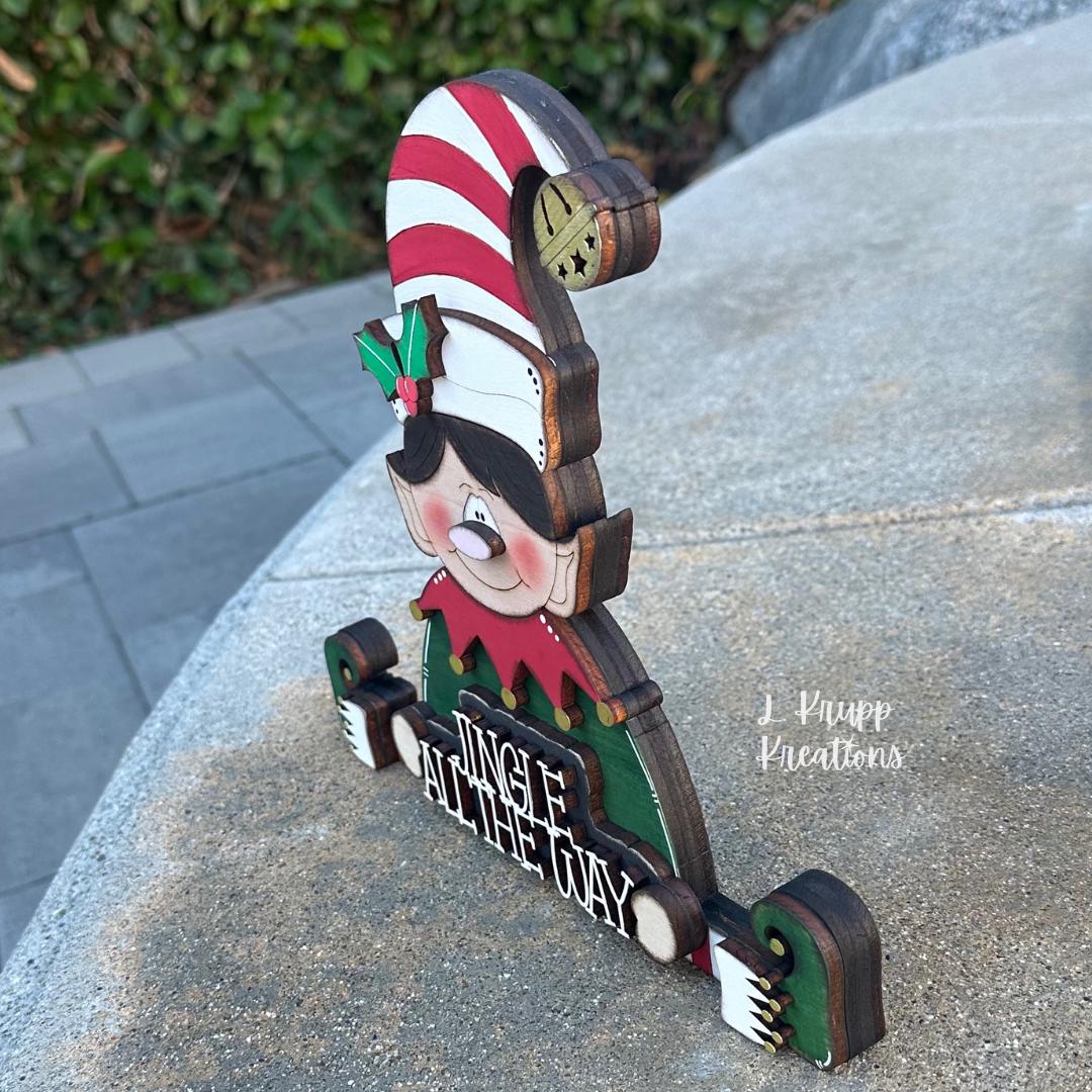 Hand Painted Wooden Elf Shelf Sitter for Christmas with Jingle All the Way Sign
