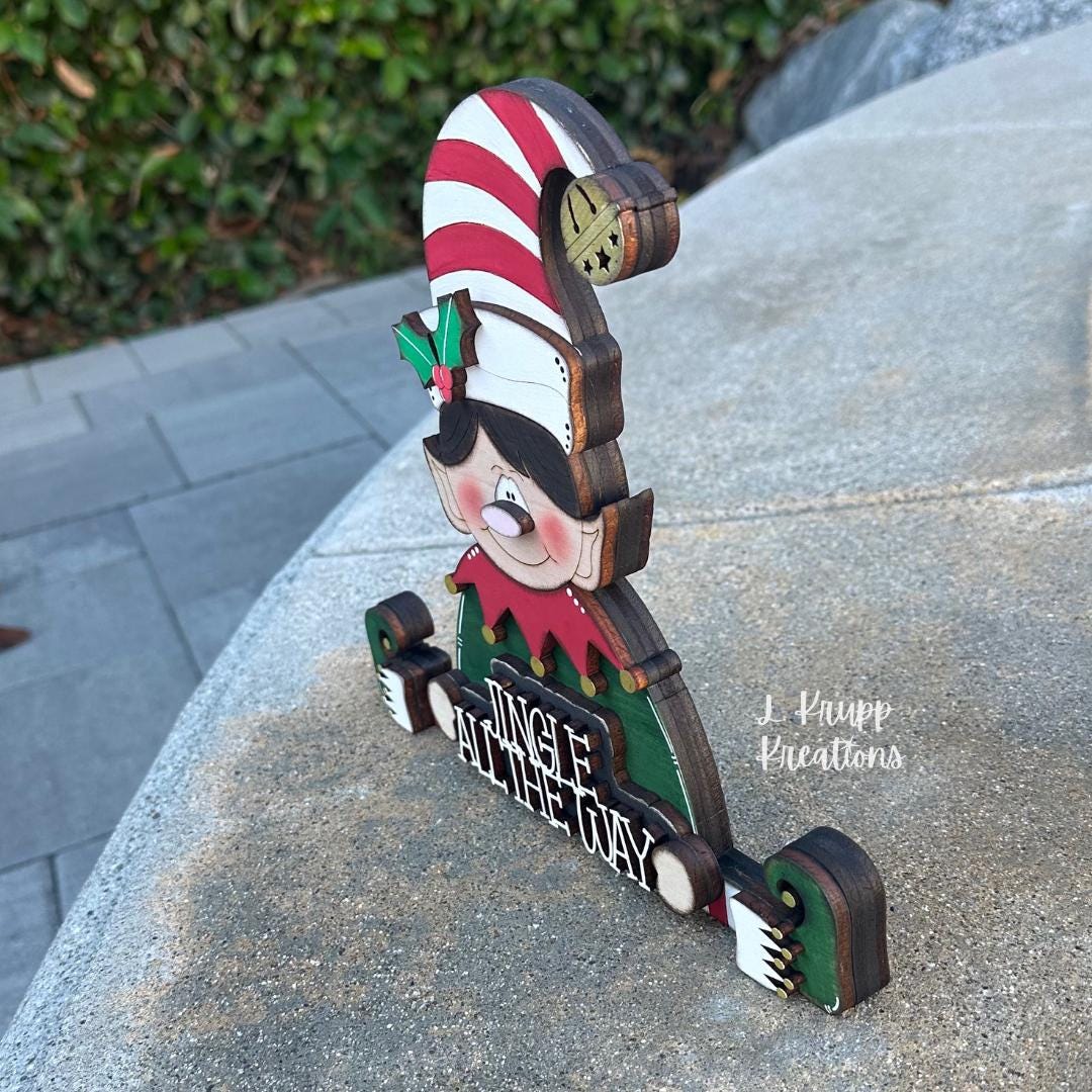 Hand Painted Wooden Elf Shelf Sitter for Christmas with Jingle All the Way Sign