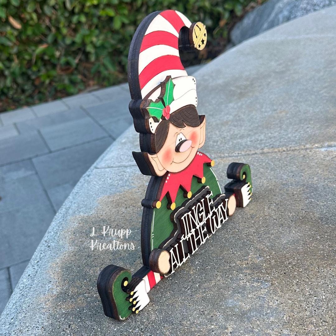 Hand Painted Wooden Elf Shelf Sitter for Christmas with Jingle All the Way Sign