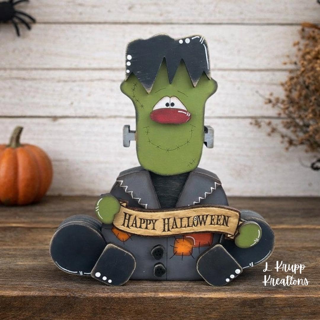 Frankenstein Wooden Shelf Sitter  Rustic Farmhouse Halloween Decor, Chunky Wood Accent