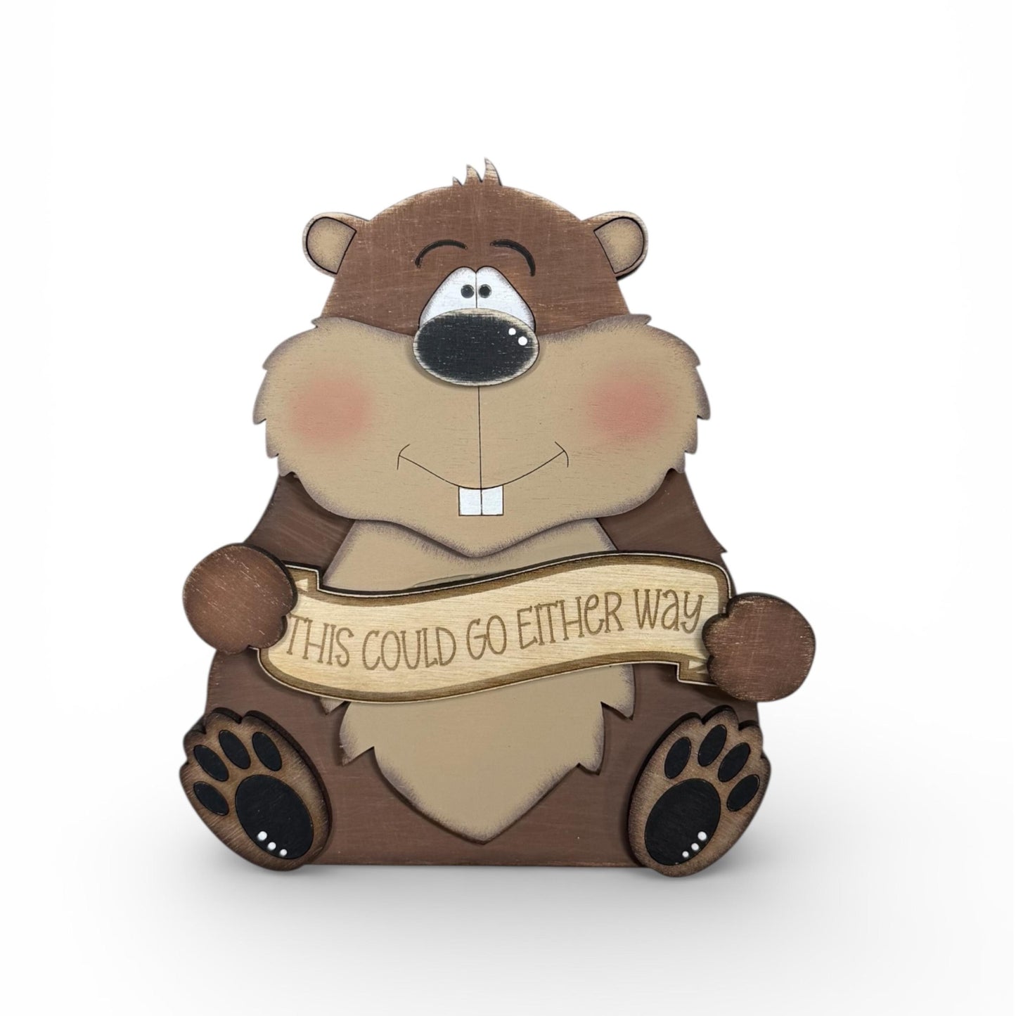 Hand Painted Wooden Groundhog Figurine makes a charming shelf sitter for Groundhog Day decor