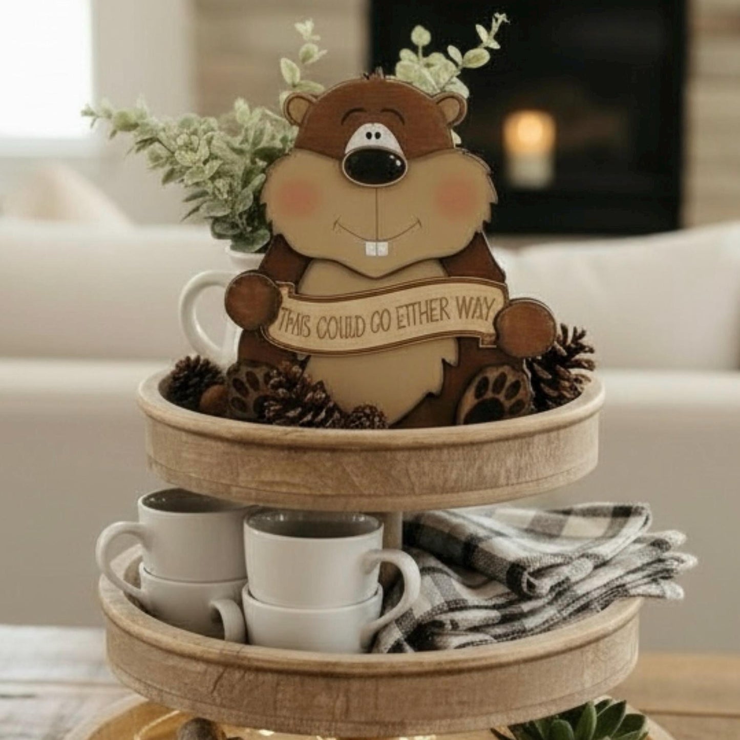 Hand Painted Wooden Groundhog Figurine makes a charming shelf sitter for Groundhog Day decor
