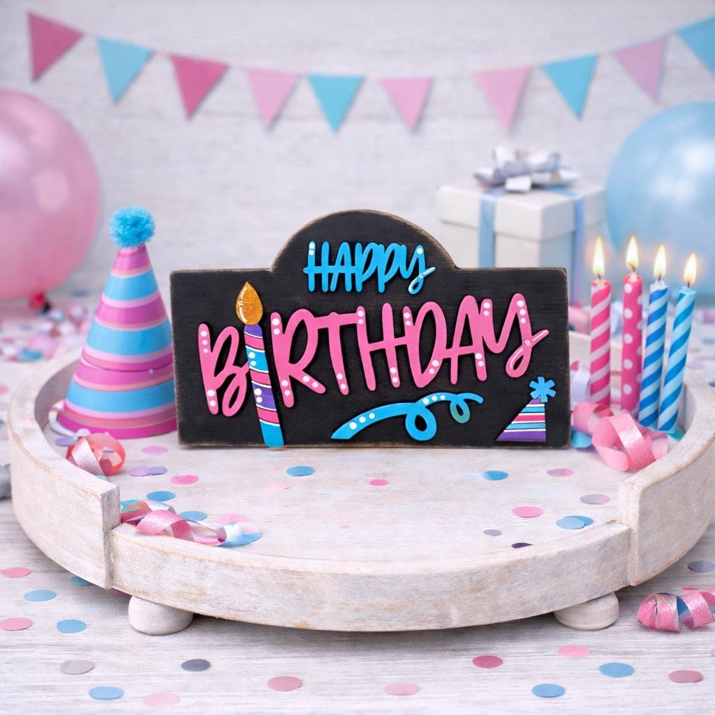 Charming Rustic Happy Birthday Wood Mini Sign - Handcrafted Table and Tiered Tray Decor