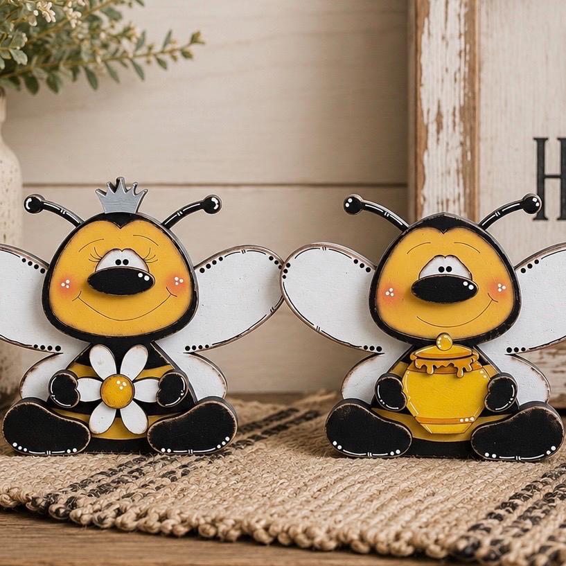 Hand-Painted Interchangeable Bee Shelf Sitters: Magnetic Seasonal Decor (Wood)