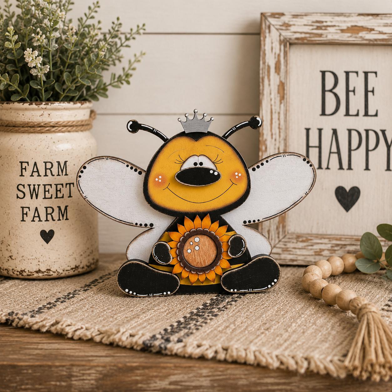 Cute Interchangeable Bee Shelf Sitters with Magnetic Seasonal Pieces for Farmhouse Tiered Tray Decor