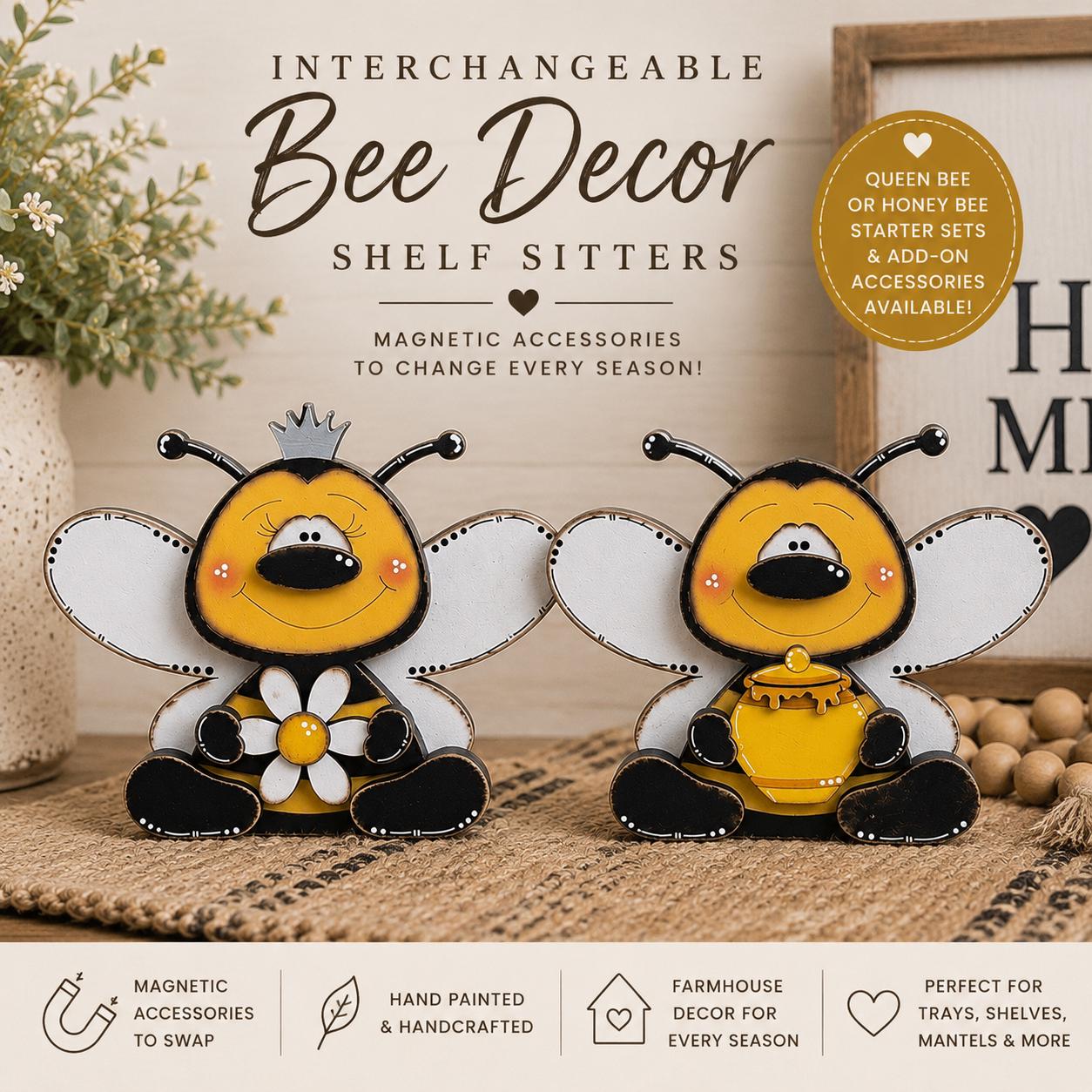 Cute Interchangeable Bee Shelf Sitters with Magnetic Seasonal Pieces for Farmhouse Tiered Tray Decor