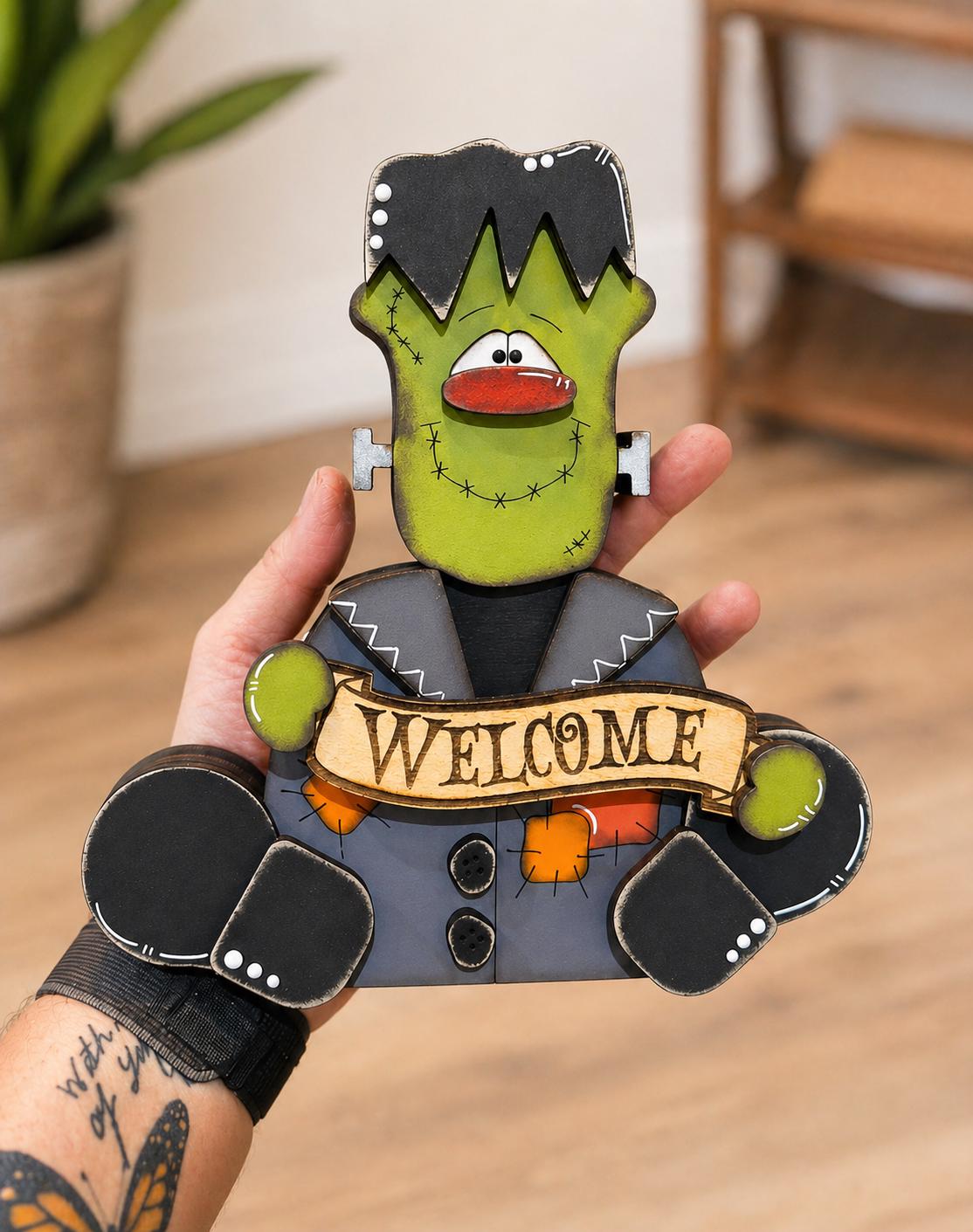 Frankenstein Wooden Shelf Sitter  Rustic Farmhouse Halloween Decor, Chunky Wood Accent