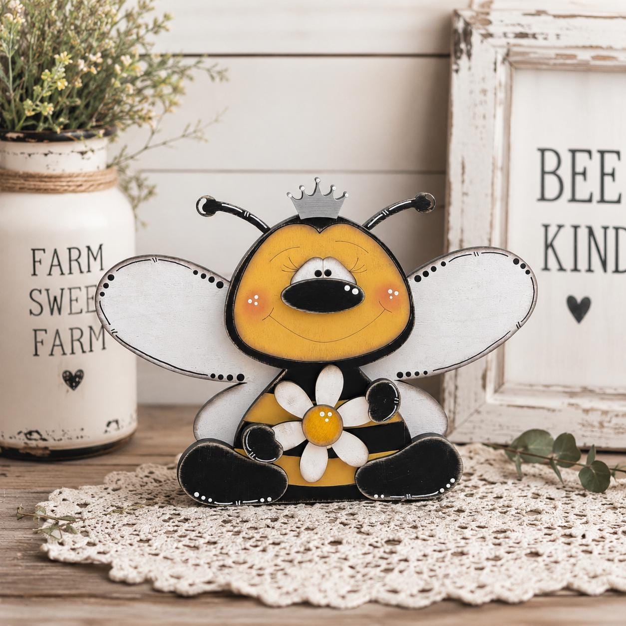 Cute Interchangeable Bee Shelf Sitters with Magnetic Seasonal Pieces for Farmhouse Tiered Tray Decor