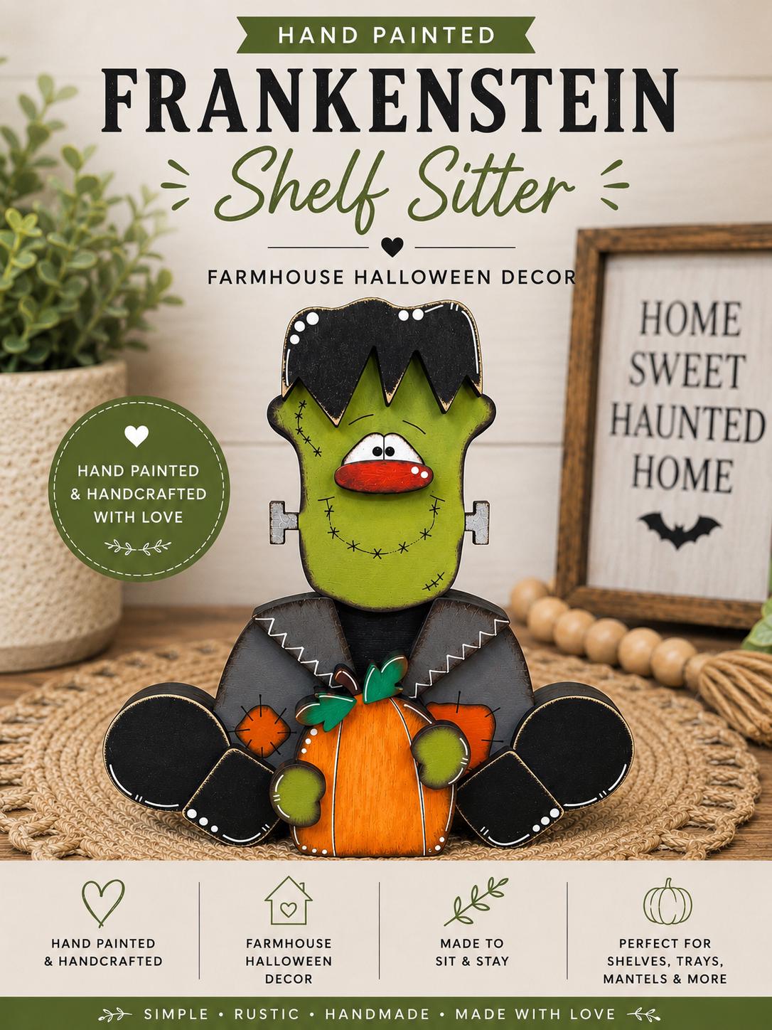 Frankenstein Wooden Shelf Sitter  Rustic Farmhouse Halloween Decor, Chunky Wood Accent
