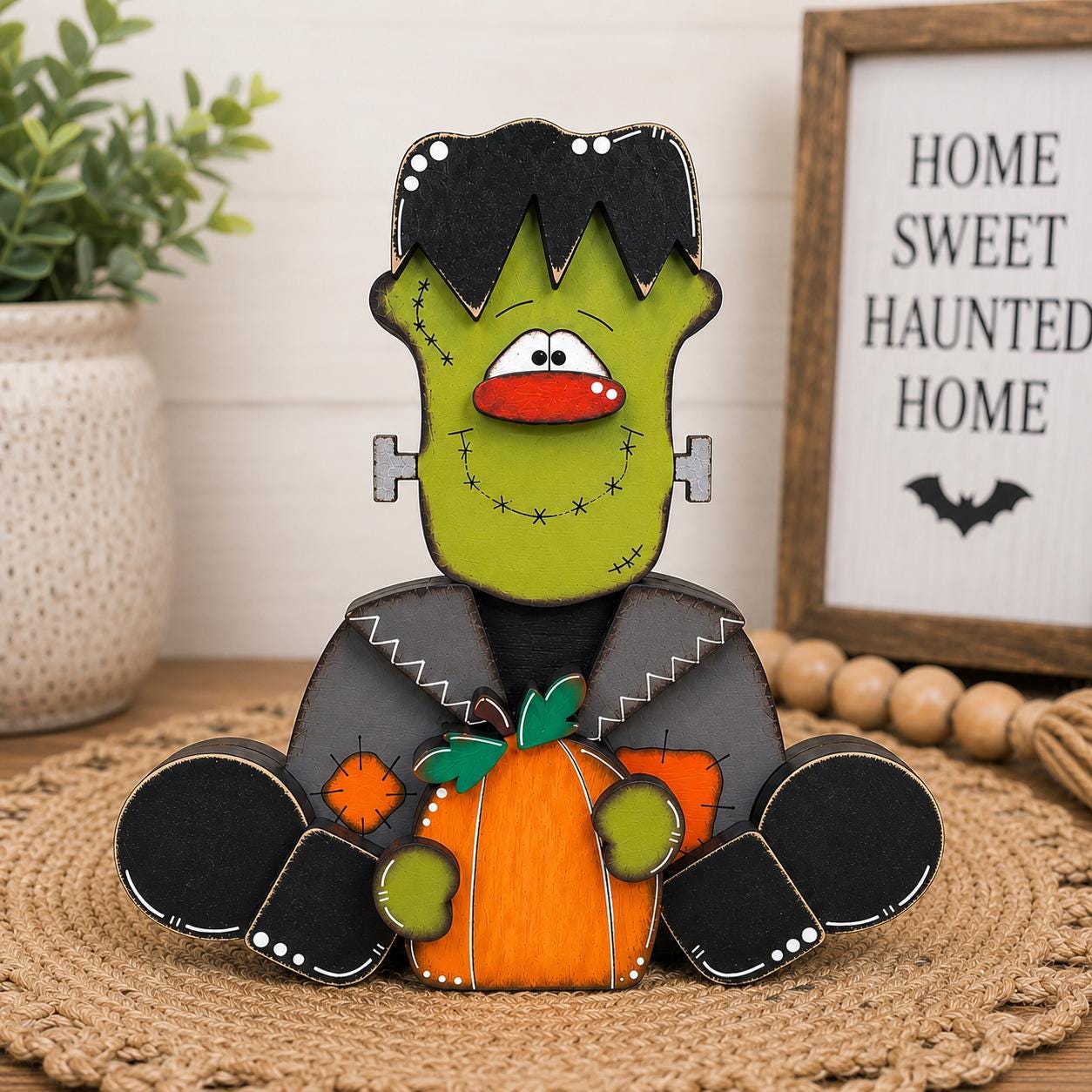 Frankenstein Wooden Shelf Sitter  Rustic Farmhouse Halloween Decor, Chunky Wood Accent