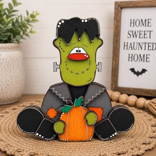 Frankenstein Wooden Shelf Sitter  Rustic Farmhouse Halloween Decor, Chunky Wood Accent