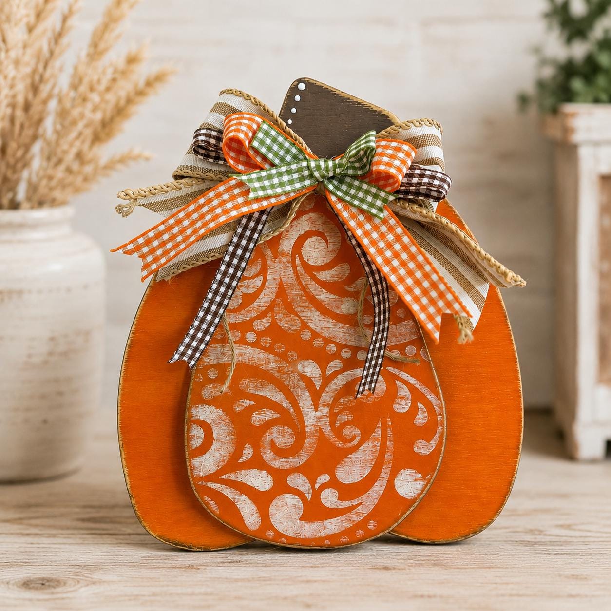 Rustic Wooden Pumpkin Shelf Sitters for Fall Farmhouse Decor, Handmade Harvest Pumpkin Set, Chunky Autumn Mantel Decor
