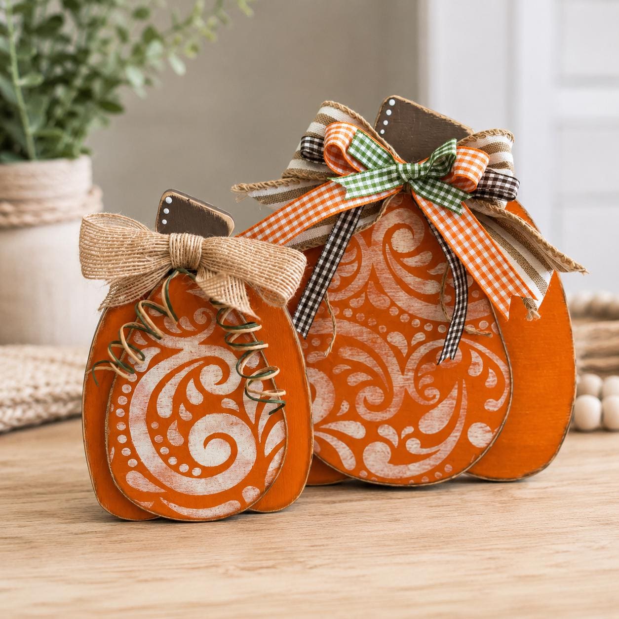 Rustic Wooden Pumpkin Shelf Sitters for Fall Farmhouse Decor, Handmade Harvest Pumpkin Set, Chunky Autumn Mantel Decor