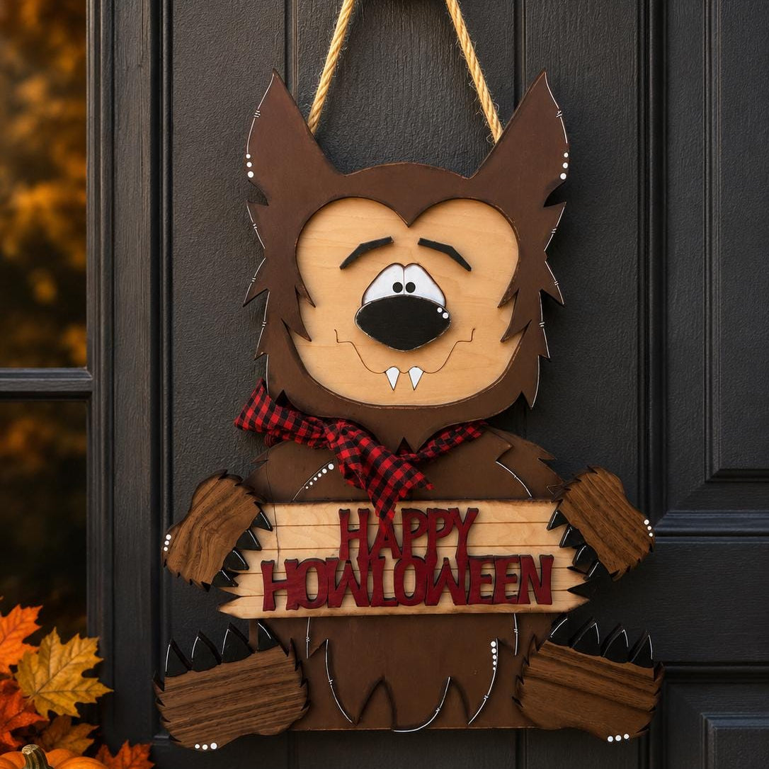 Happy Howlween Werewolf Door Hanger | Rustic Halloween Door Decor