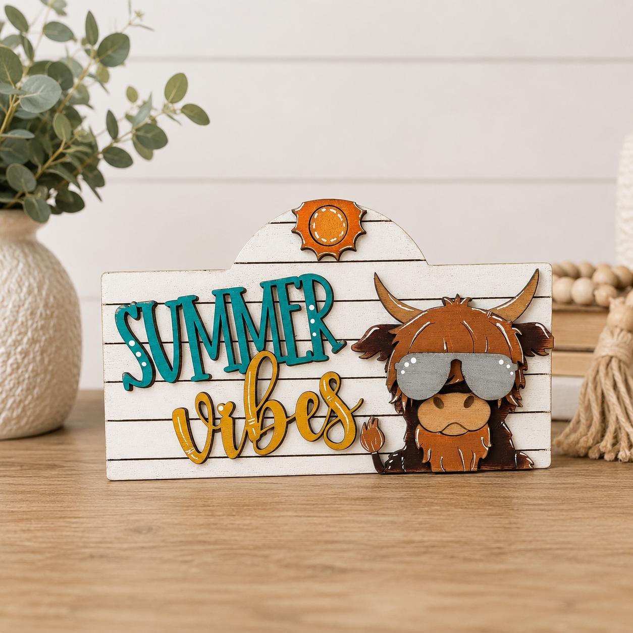 Summer Vibes Highland Cow Interchangeable Wooden Mini Sign
