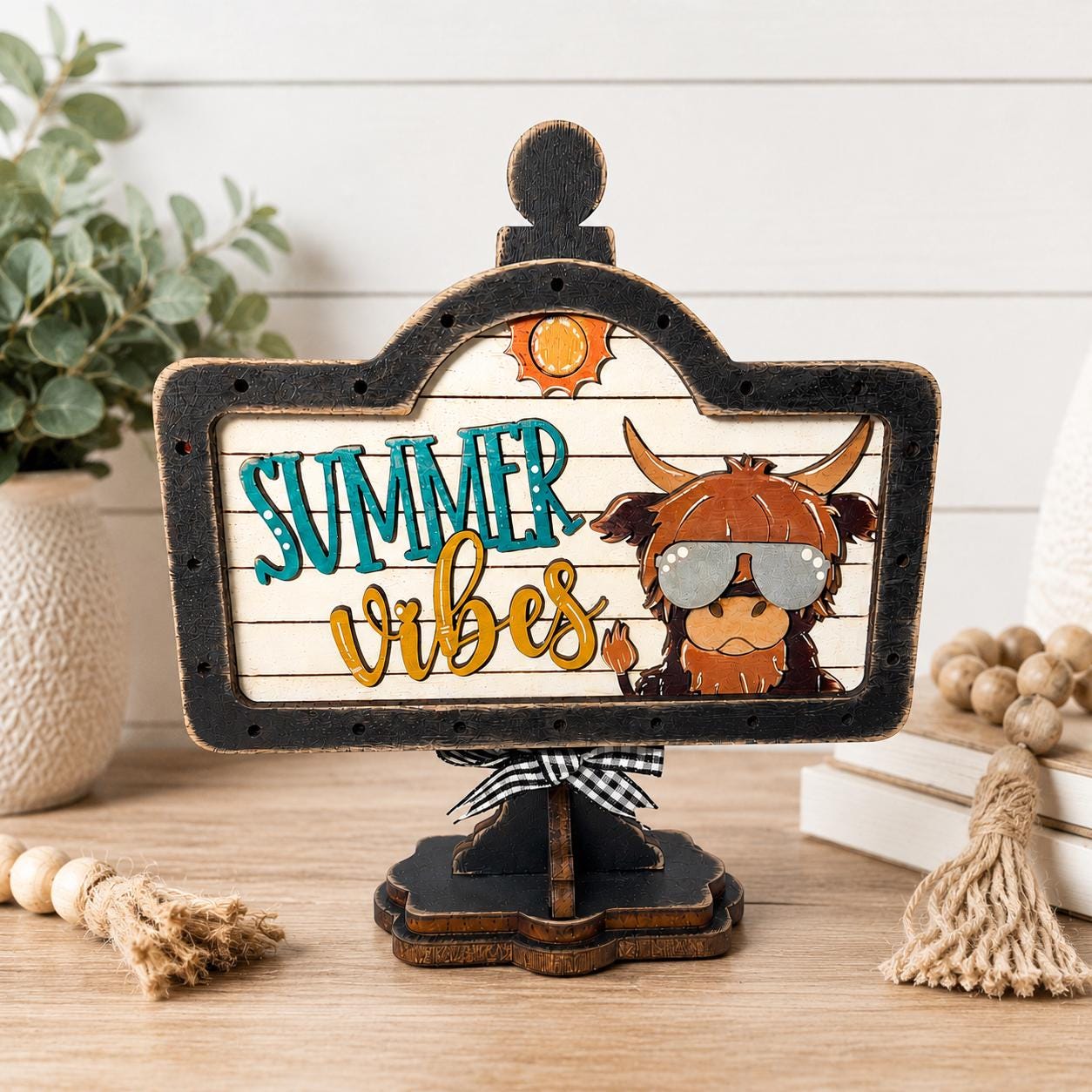 Summer Vibes Highland Cow Interchangeable Wooden Mini Sign