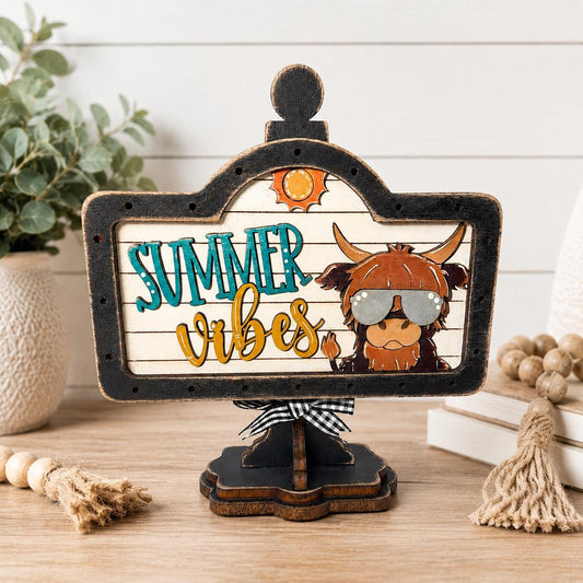 Summer Vibes Highland Cow Interchangeable Wooden Mini Sign