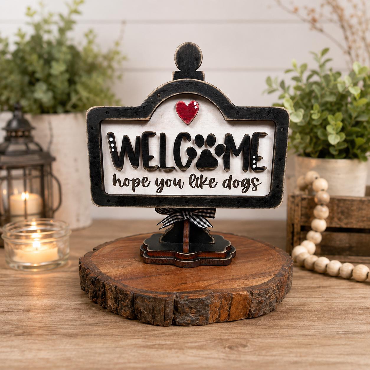 Dog Lover Welcome Sign Set, Interchangeable Mini Sign, Paw Print Welcome Word Block, Rustic Wooden Shelf Decor