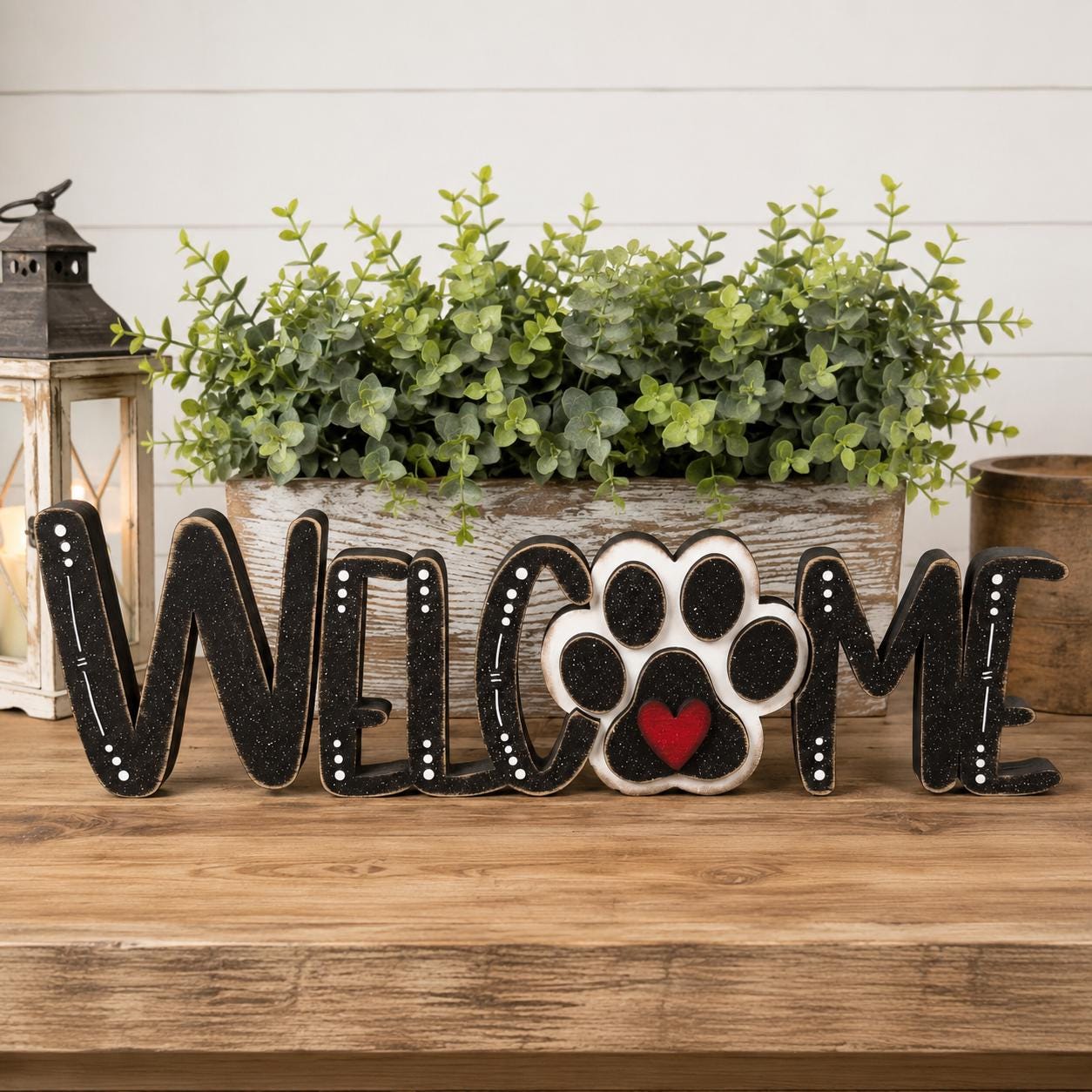 Dog Lover Welcome Sign Set, Interchangeable Mini Sign, Paw Print Welcome Word Block, Rustic Wooden Shelf Decor