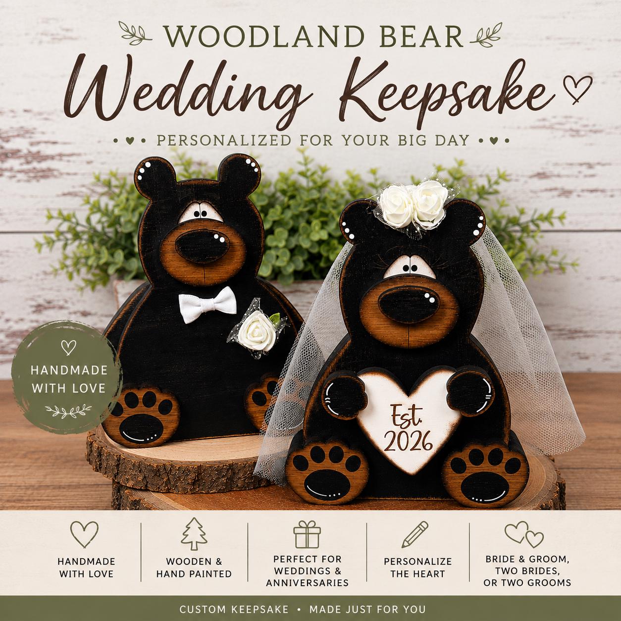 Bride & Groom Bear Shelf Sitters  Rustic Woodland Wedding Decor | Personalized Bear Couple | Anniversary Keepsake