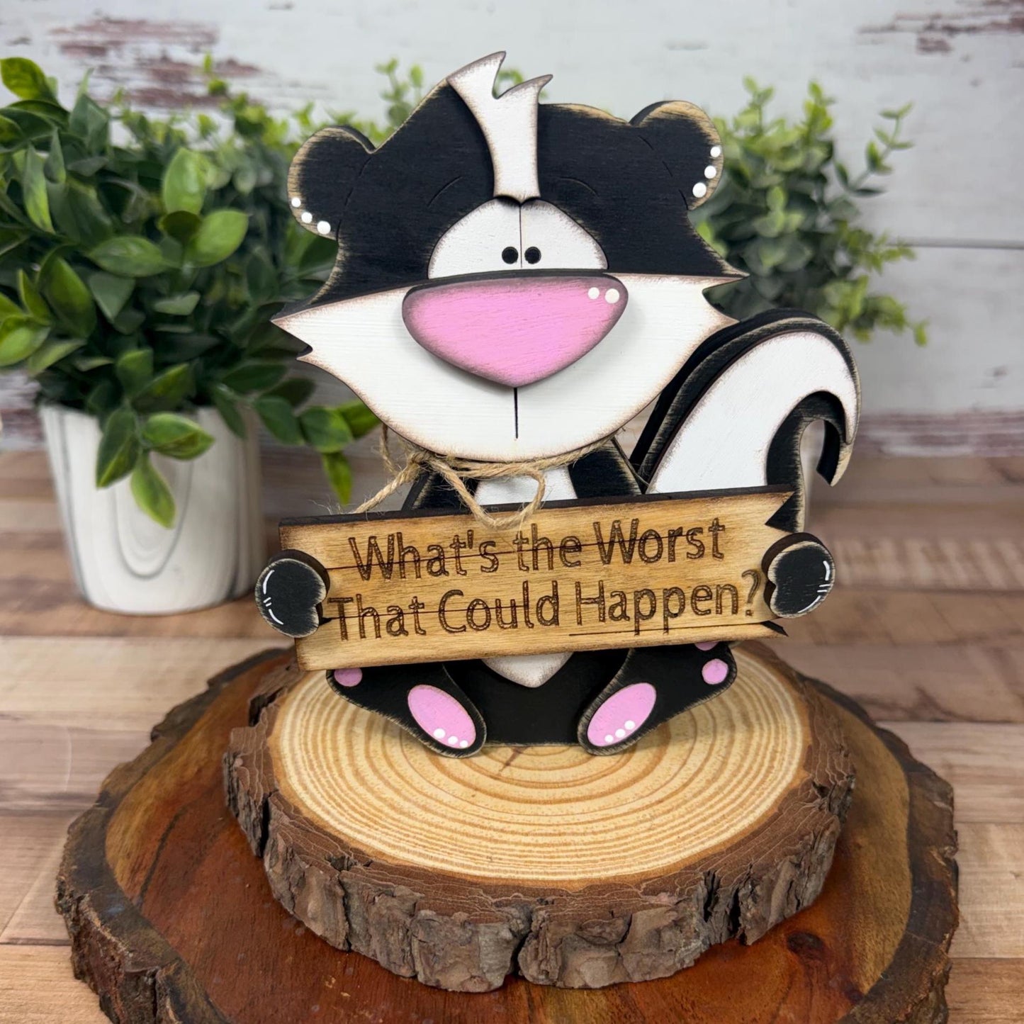 Interchangeable Skunk Shelf Sitter, Funny Woodland Decor, Hand Painted Wood Skunk