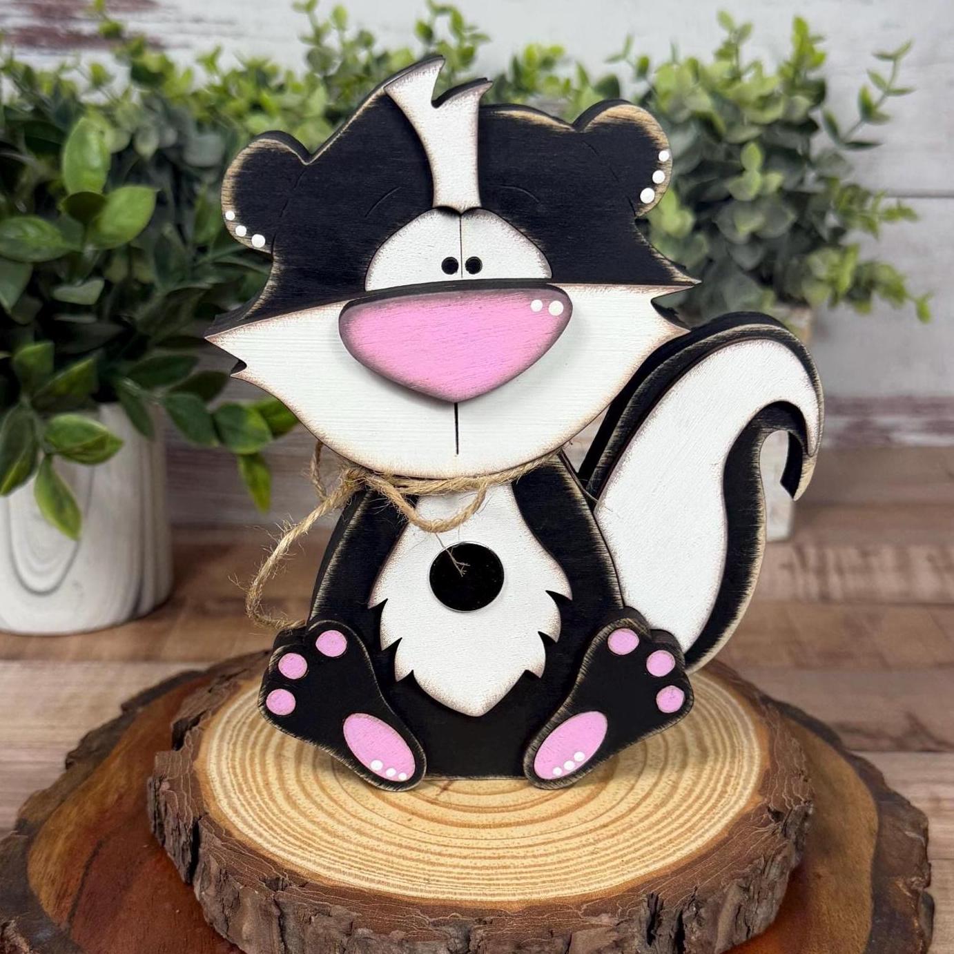 Interchangeable Skunk Shelf Sitter, Funny Woodland Decor, Hand Painted Wood Skunk