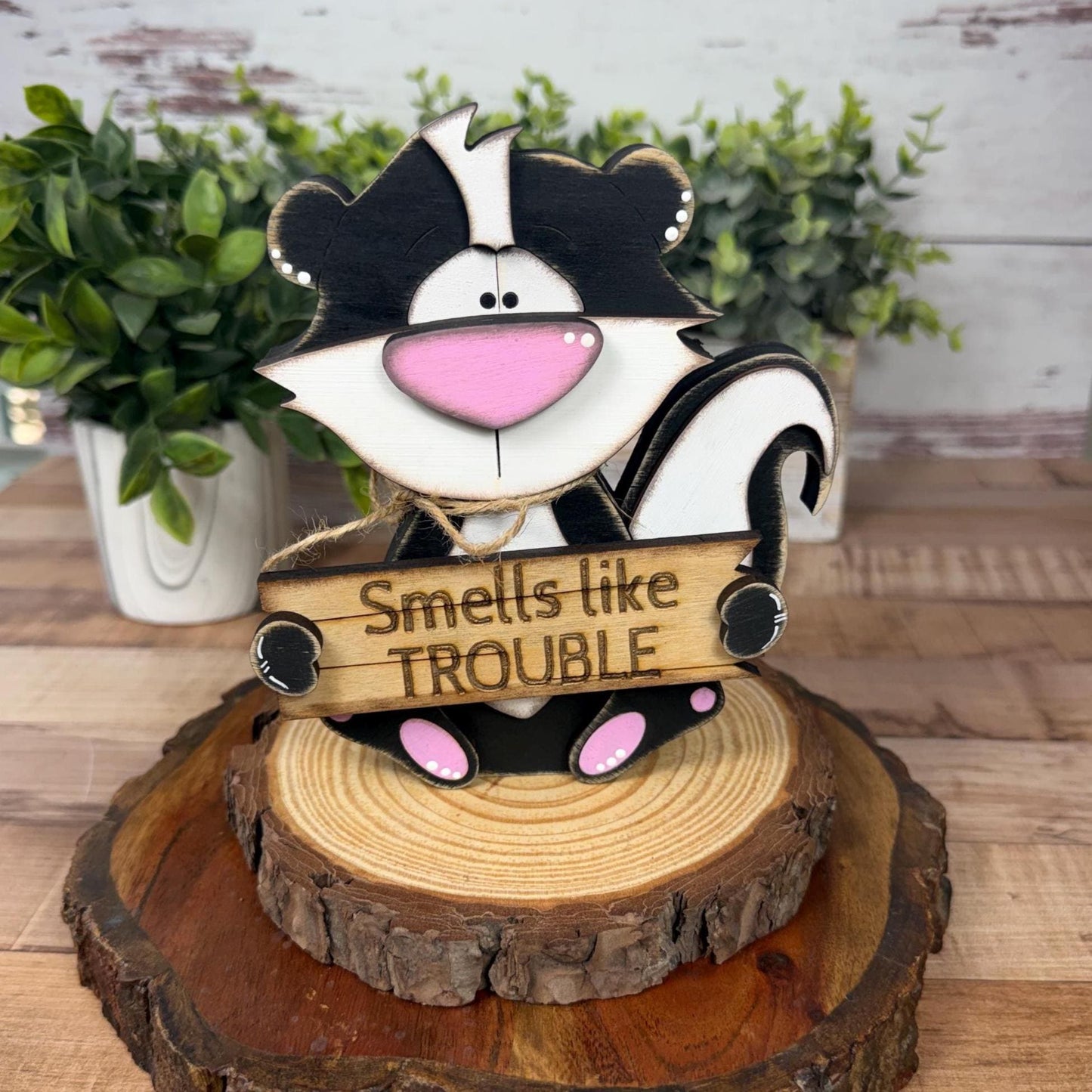 Interchangeable Skunk Shelf Sitter, Funny Woodland Decor, Hand Painted Wood Skunk