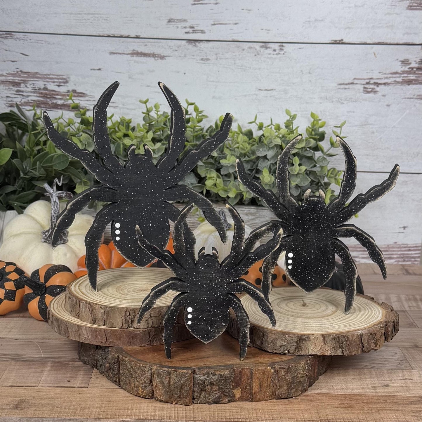 Wooden Spider Shelf Sitter Set | Hand Painted Halloween Decor | Rustic Farmhouse Spiders
