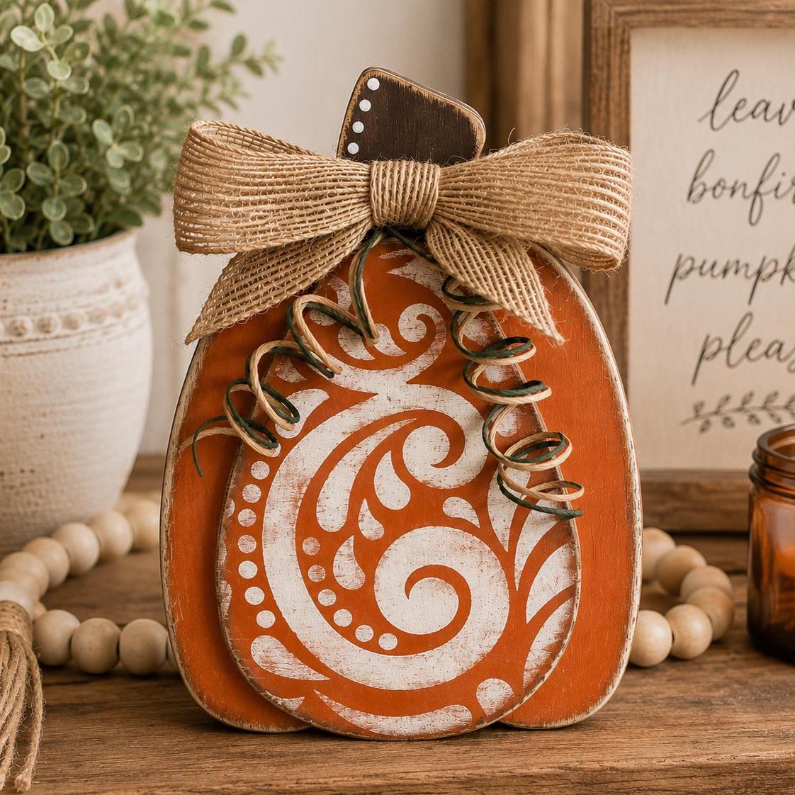 Rustic Wooden Pumpkin Shelf Sitters for Fall Farmhouse Decor, Handmade Harvest Pumpkin Set, Chunky Autumn Mantel Decor