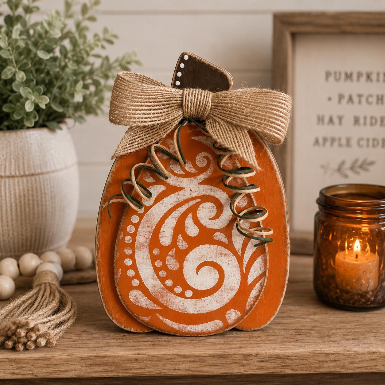 Rustic Wooden Pumpkin Shelf Sitters for Fall Farmhouse Decor, Handmade Harvest Pumpkin Set, Chunky Autumn Mantel Decor